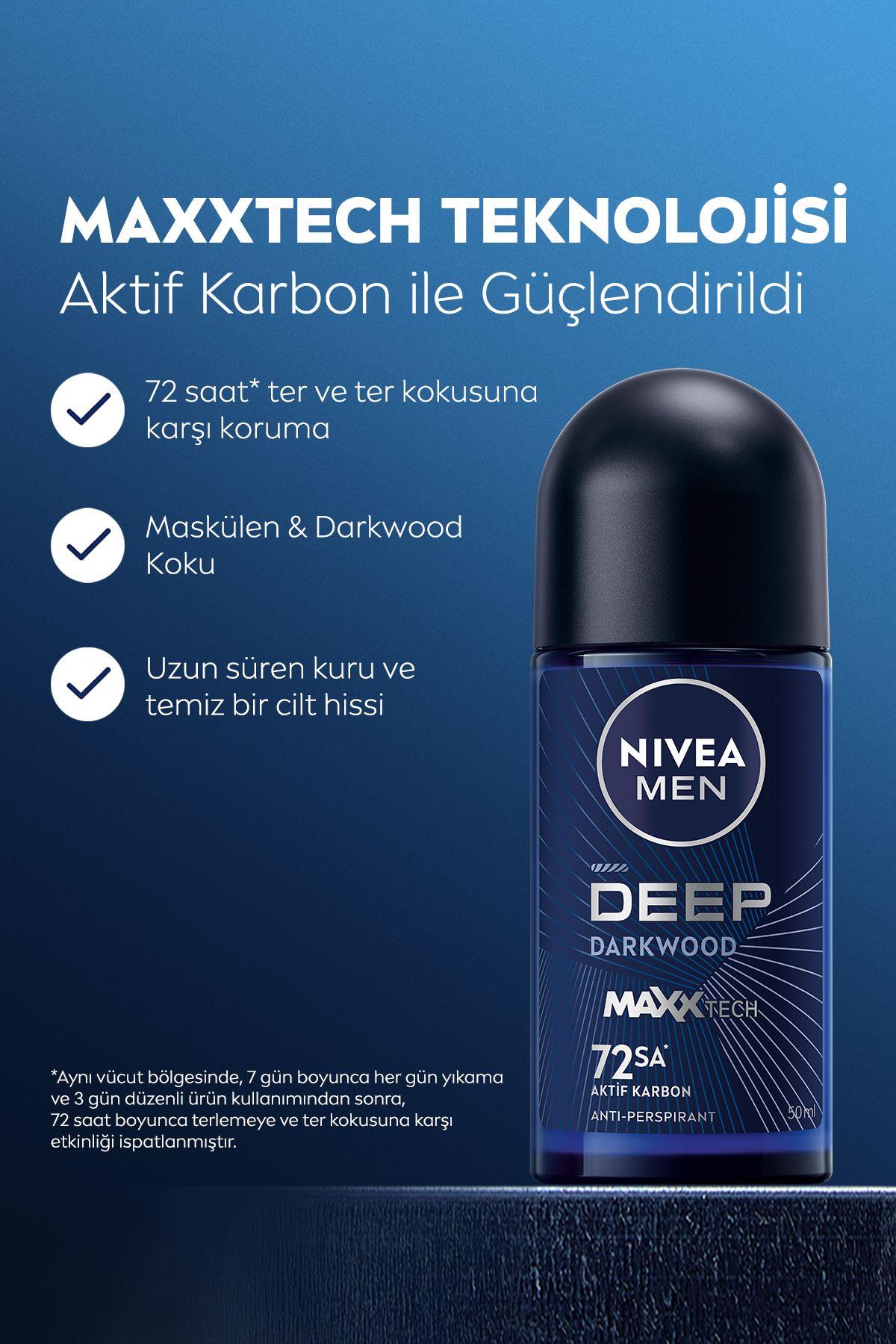NIVEA MEN Erkek Roll-on Deodorant Deep Dimension Aktif Karbon 50ml, 72 Saat Anti-perspirant Ter Koruması