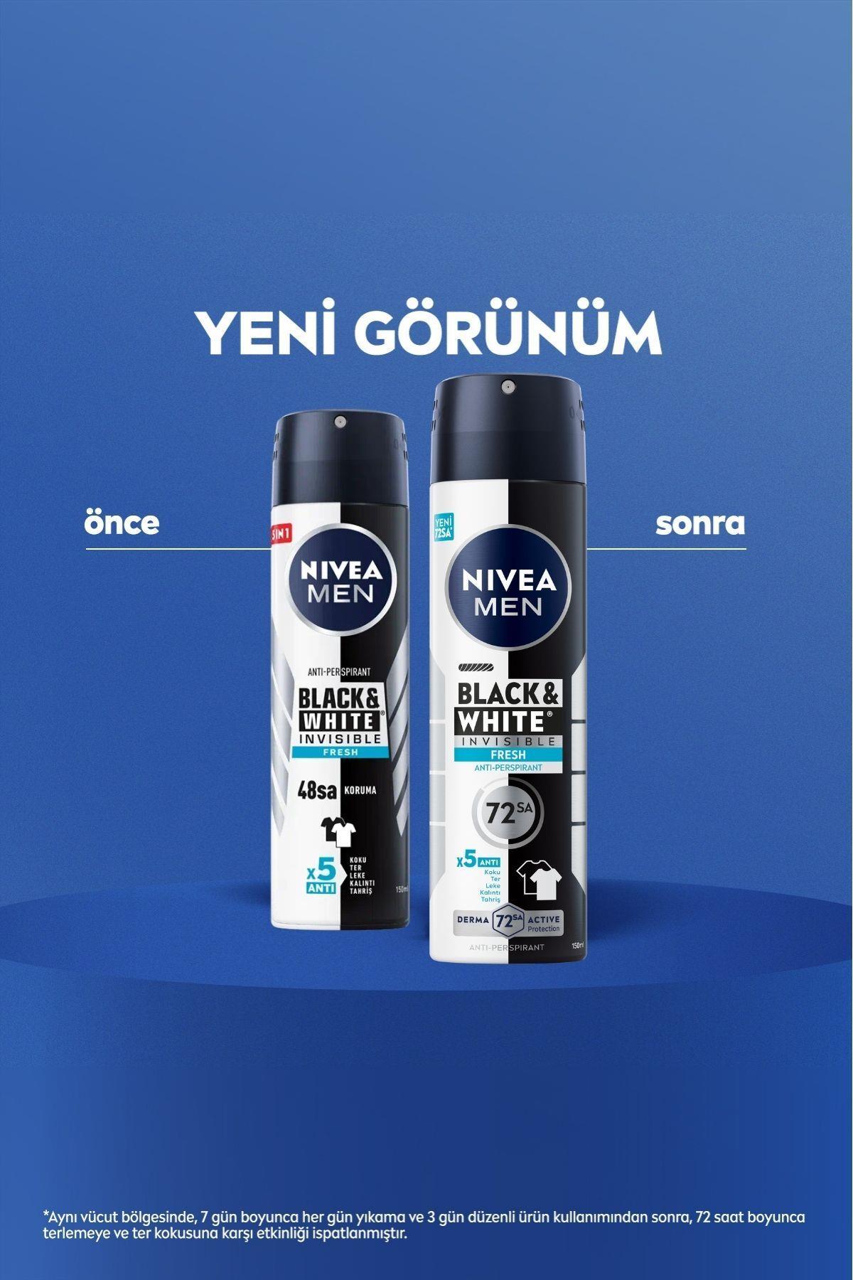 NIVEA Men Erkek Sprey Deodorant Black&white Invisible Fresh 150ml, 48 Saat Anti-perspirant Ter Koruması