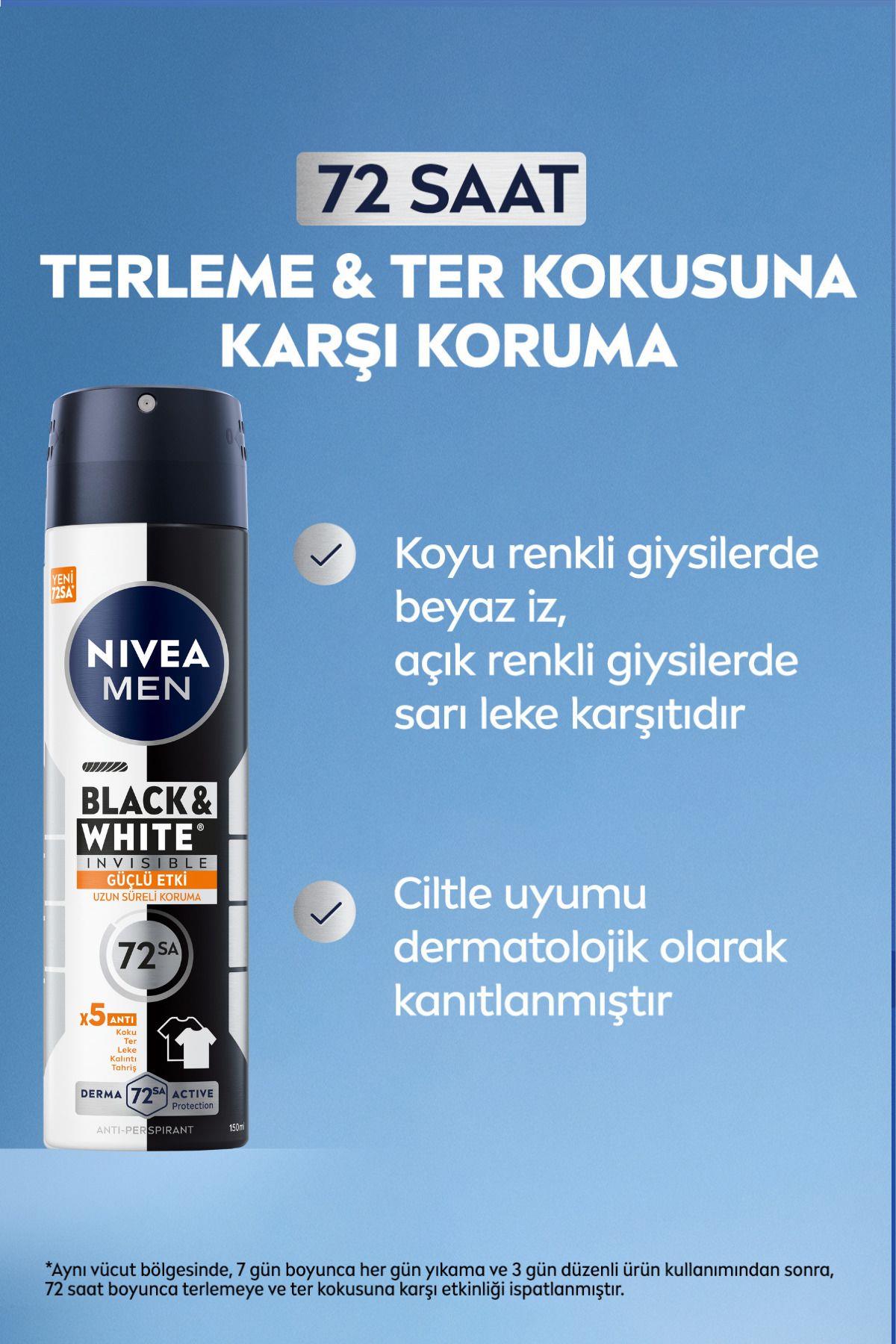NIVEA MEN Erkek Sprey Deodorant Black&White Invisible Güçlü Etki 150ml, 72 Saat Anti-perspirant Ter Koruma