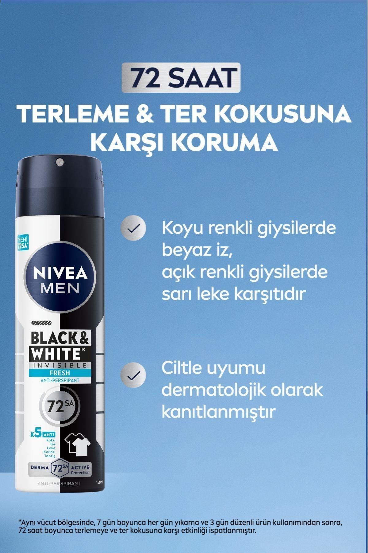 NIVEA Men Erkek Sprey Deodorant Black&white Invisible Fresh 150ml, 48 Saat Anti-perspirant Ter Koruması