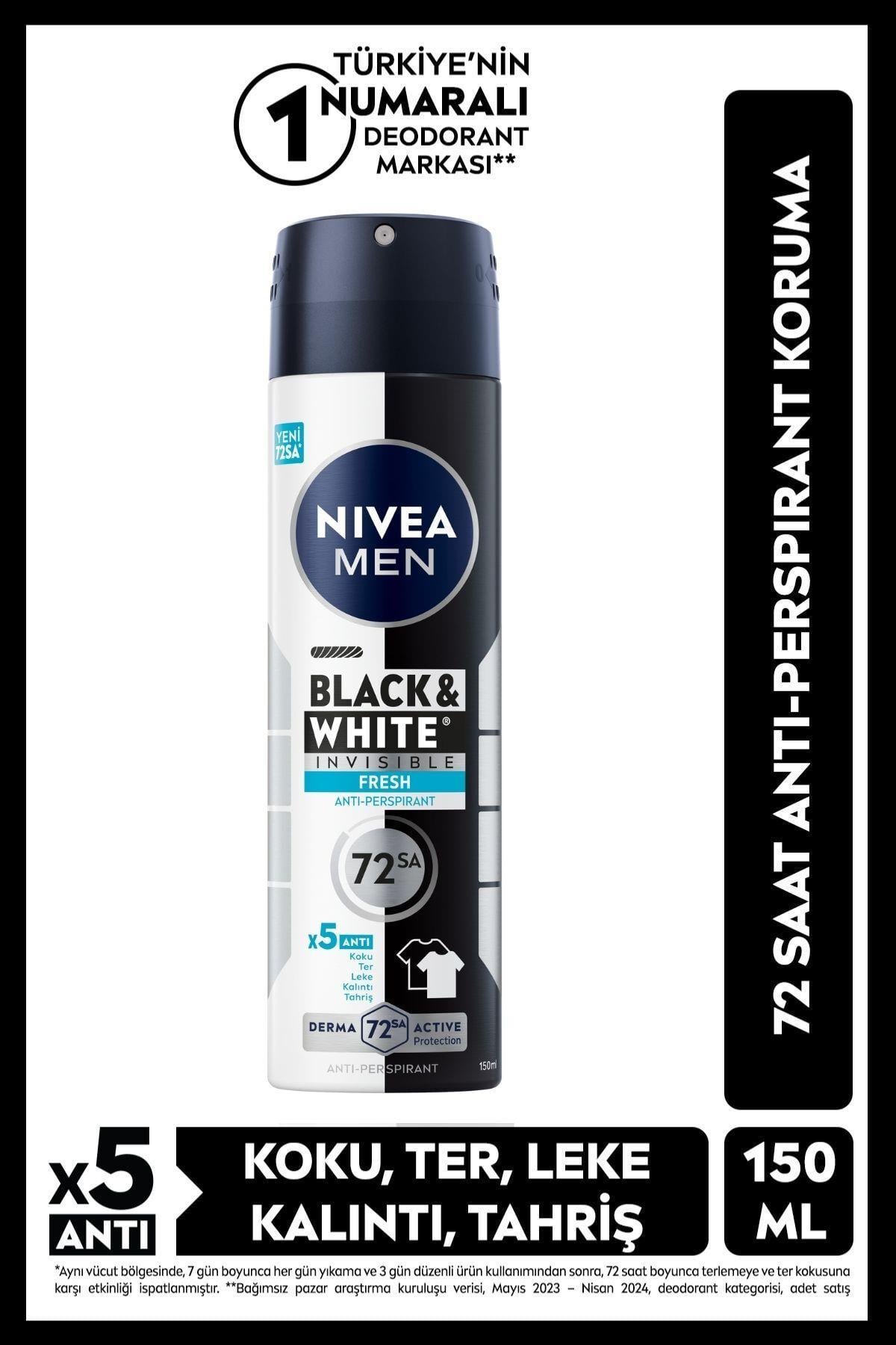 NIVEA Men Erkek Sprey Deodorant Black&white Invisible Fresh 150ml, 48 Saat Anti-perspirant Ter Koruması