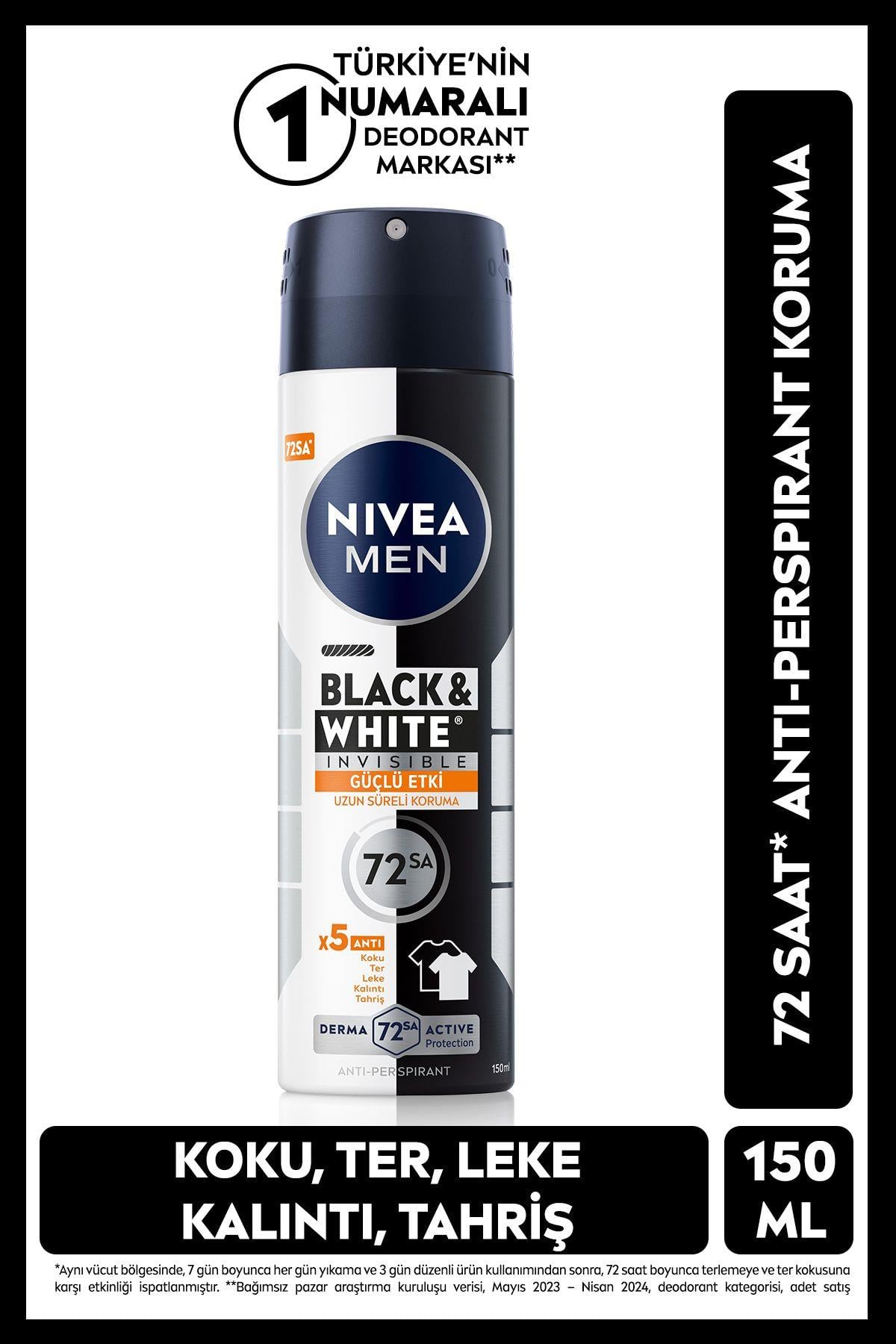 NIVEA MEN Erkek Sprey Deodorant Black&White Invisible Güçlü Etki 150ml, 72 Saat Anti-perspirant Ter Koruma