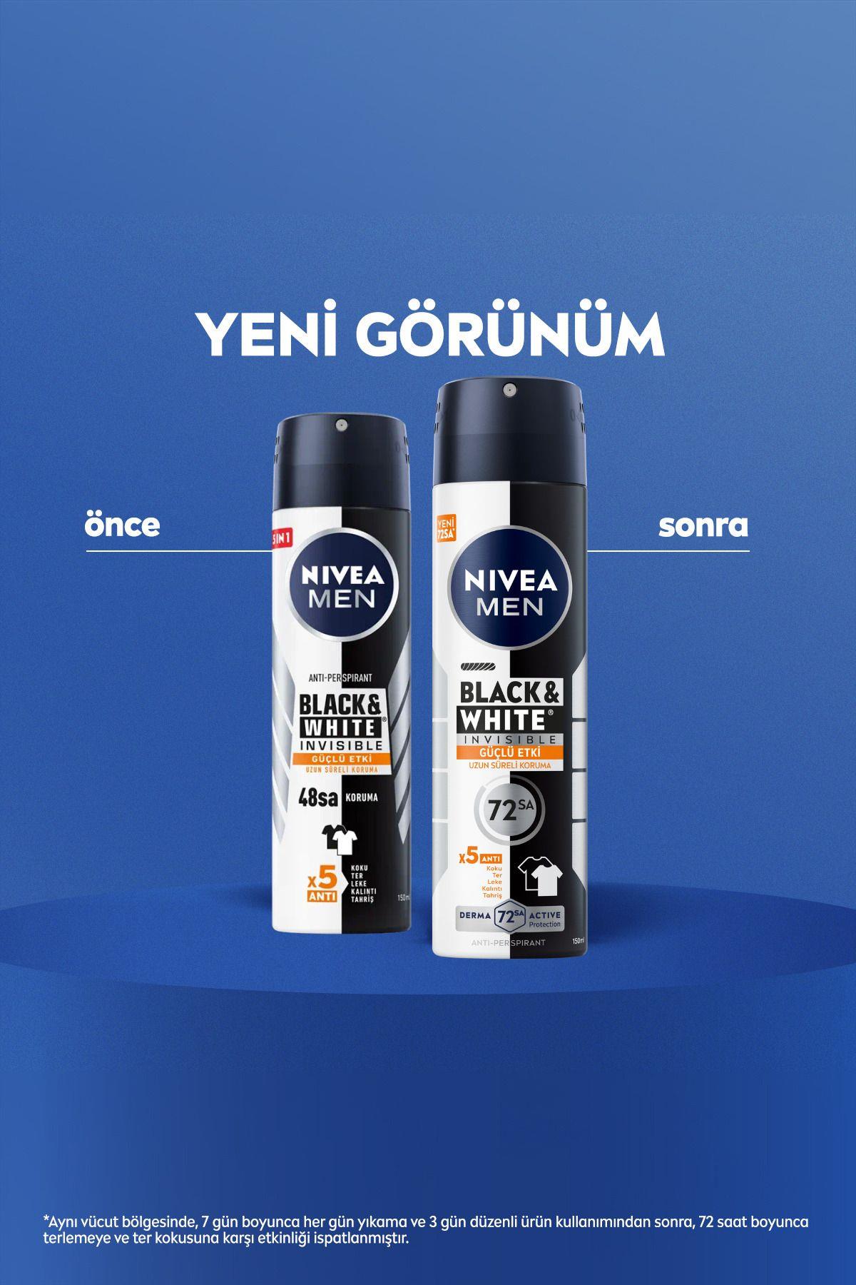 NIVEA MEN Erkek Sprey Deodorant Black&White Invisible Güçlü Etki 150ml, 72 Saat Anti-perspirant Ter Koruma