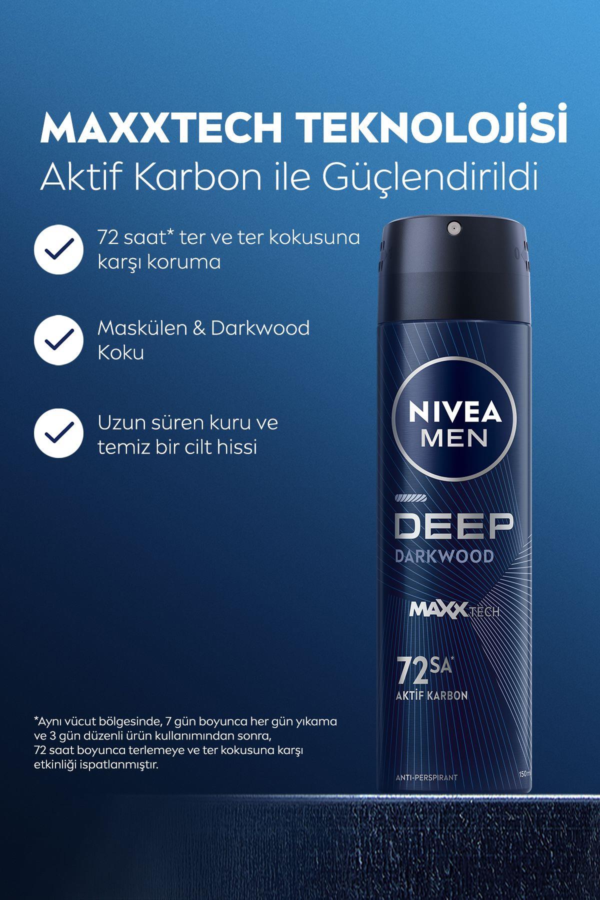 NIVEA MEN Erkek Sprey Deodorant Deep Dimension Aktif Karbon 150ml, 72 Saat Anti-perspirant Ter Koruması