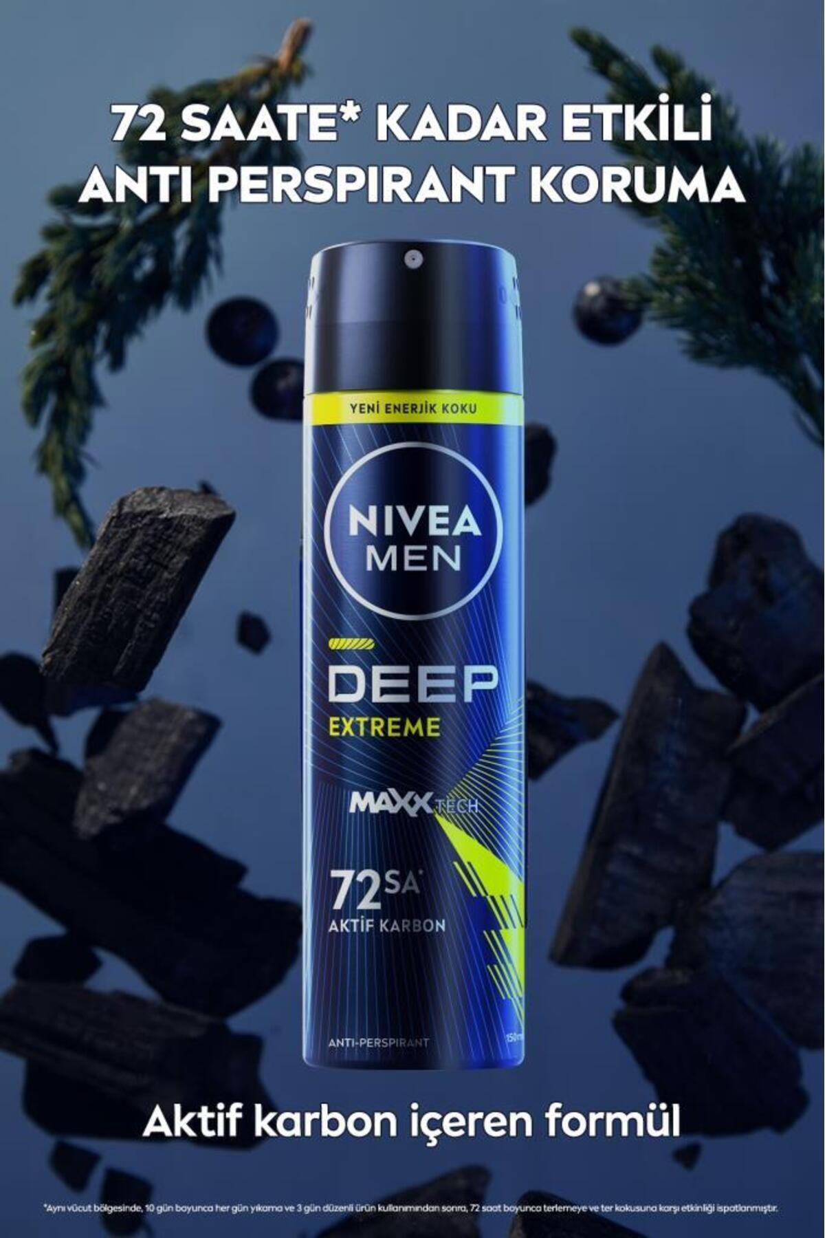 NIVEA Men Erkek Sprey Deodorant Deep Extreme 150ml, 72 Saat Anti-perspirant Ter Koruma, Yeni Enerjik
