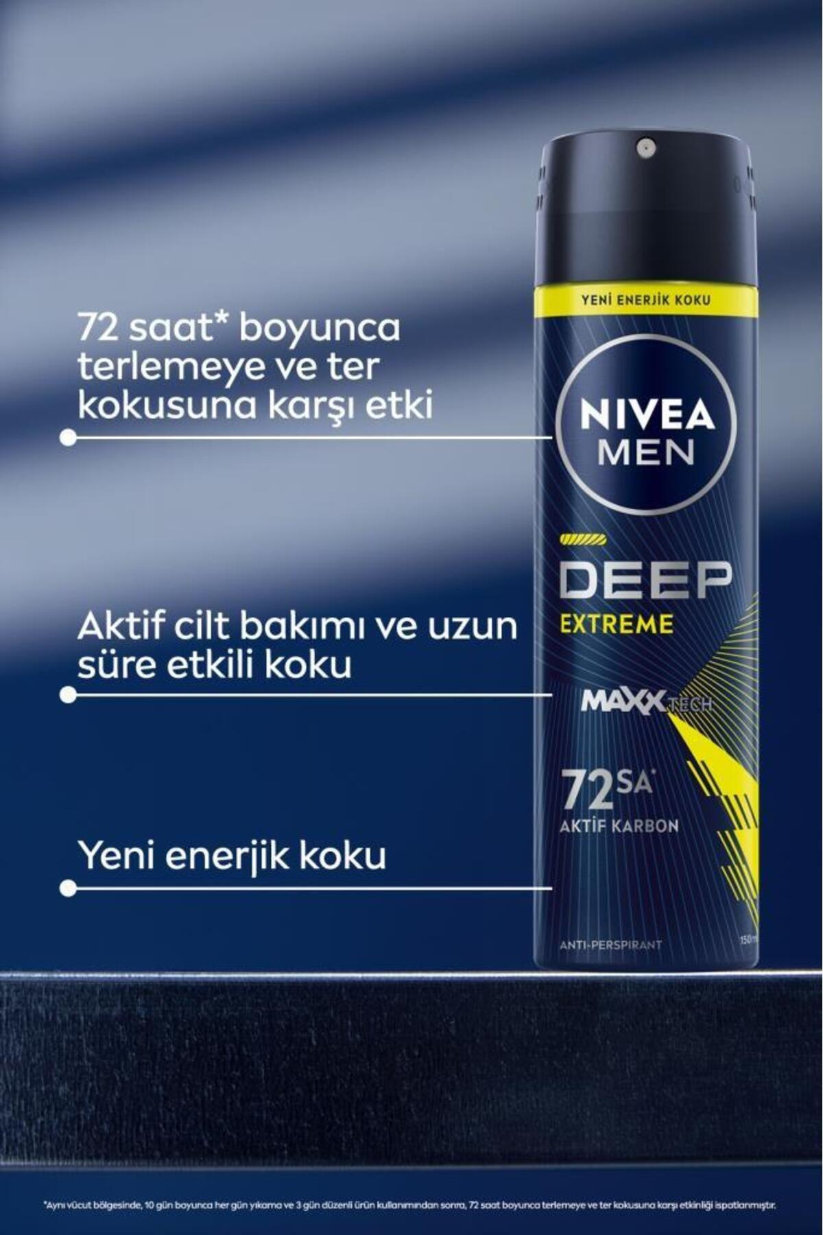 NIVEA Men Erkek Sprey Deodorant Deep Extreme 150ml, 72 Saat Anti-perspirant Ter Koruma, Yeni Enerjik