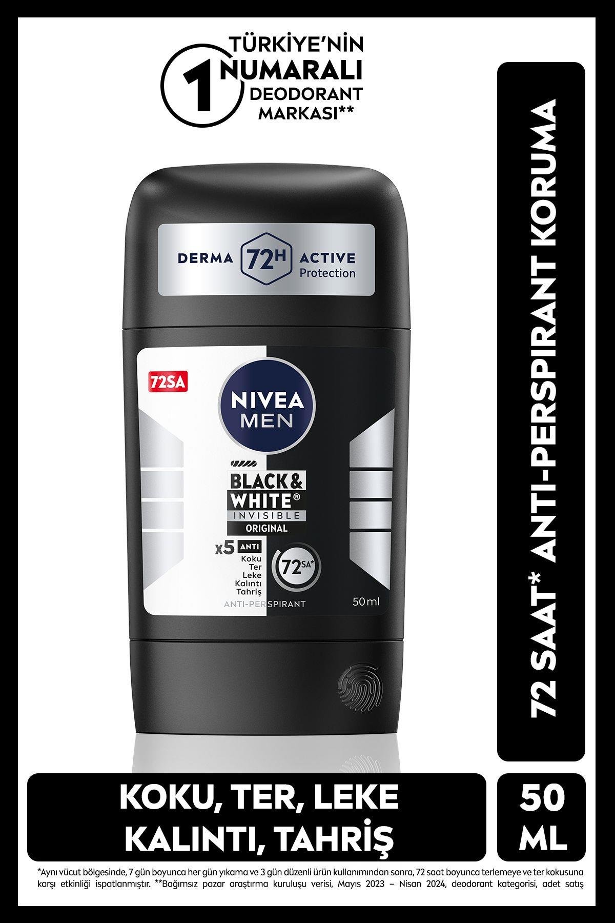 NIVEA MEN Erkek Stick Deodorant Black&white Invisible Original 150ml, 72 Saat Anti-perspirant Ter Koruması