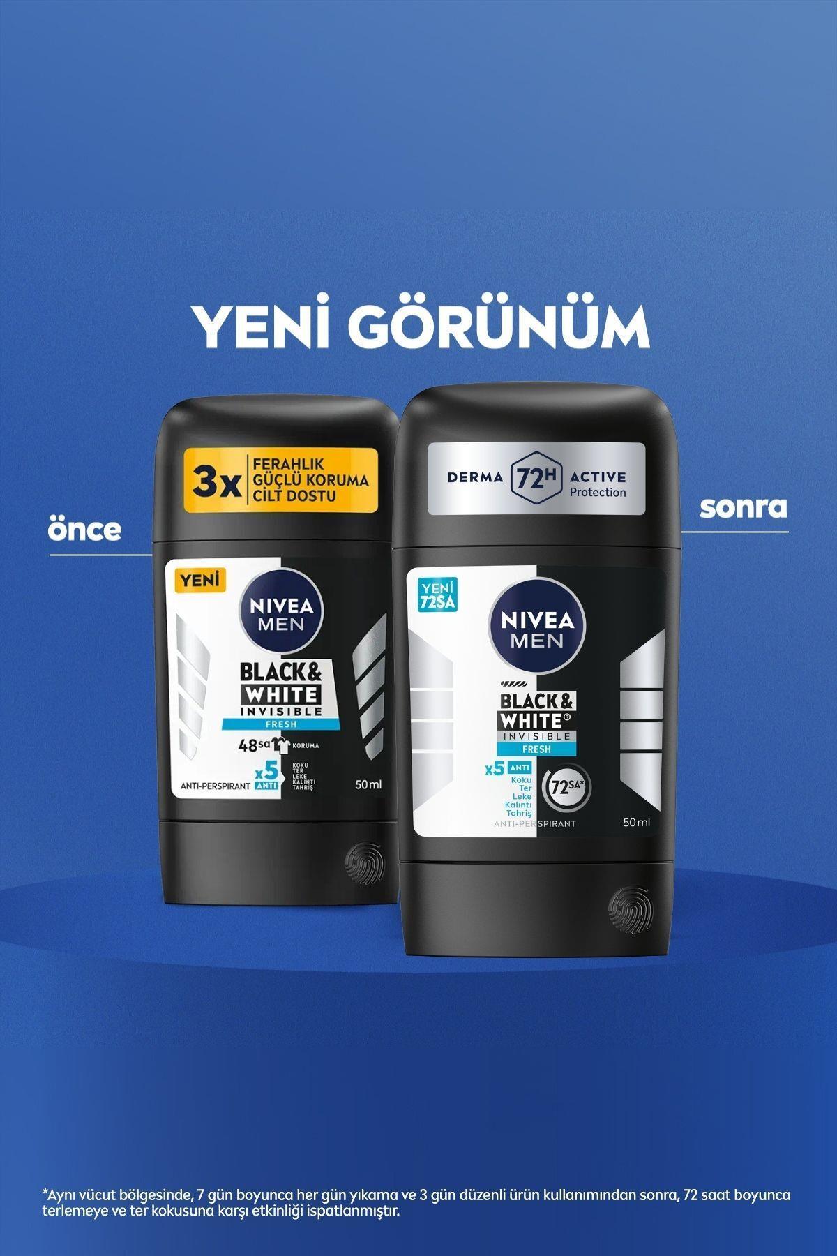 NIVEA MEN Erkek Stick Deodorant Black&White Invisible Fresh 50ml, 72 Saat Anti-perspirant Ter Koruması