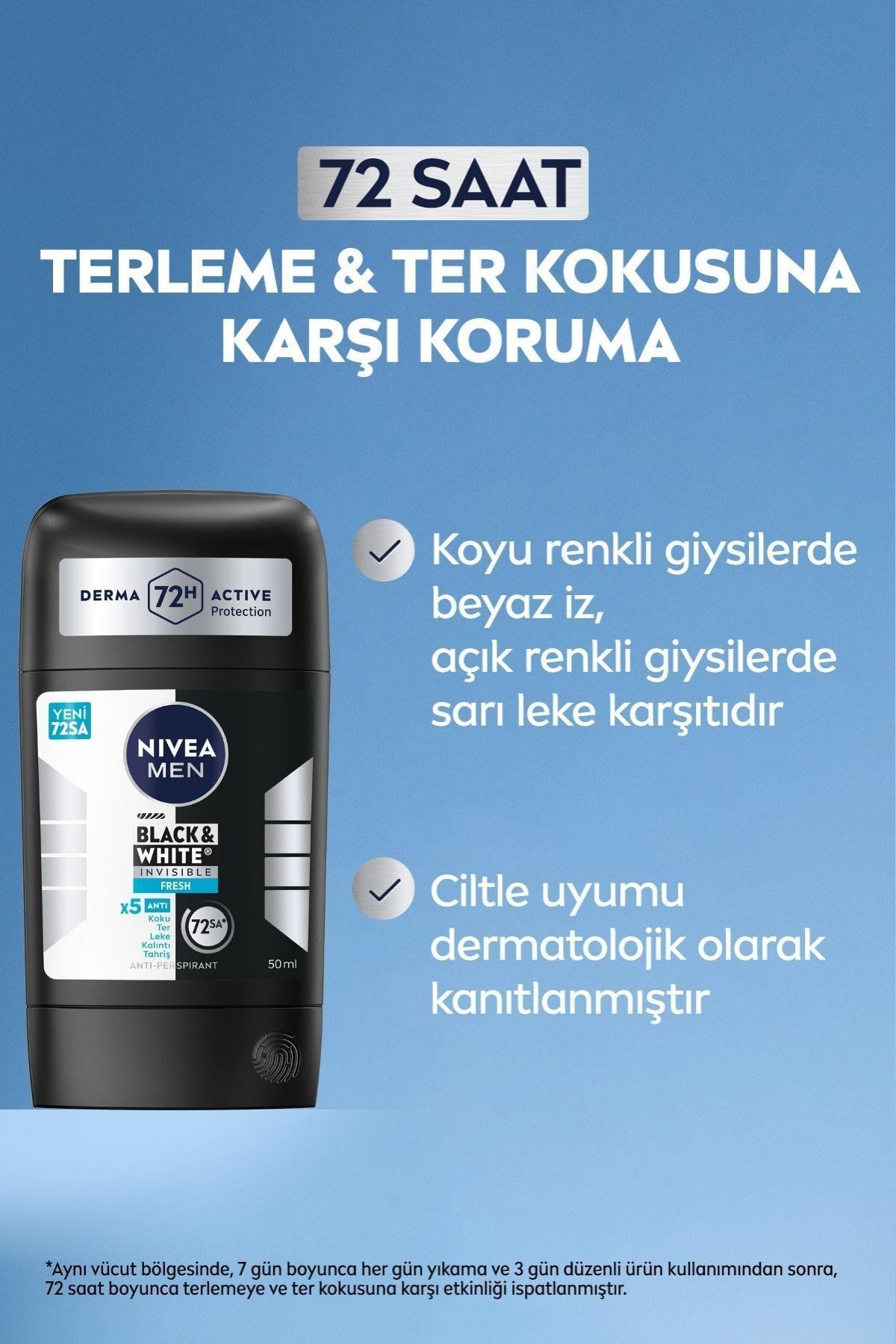 NIVEA MEN Erkek Stick Deodorant Black&White Invisible Fresh 50ml, 72 Saat Anti-perspirant Ter Koruması