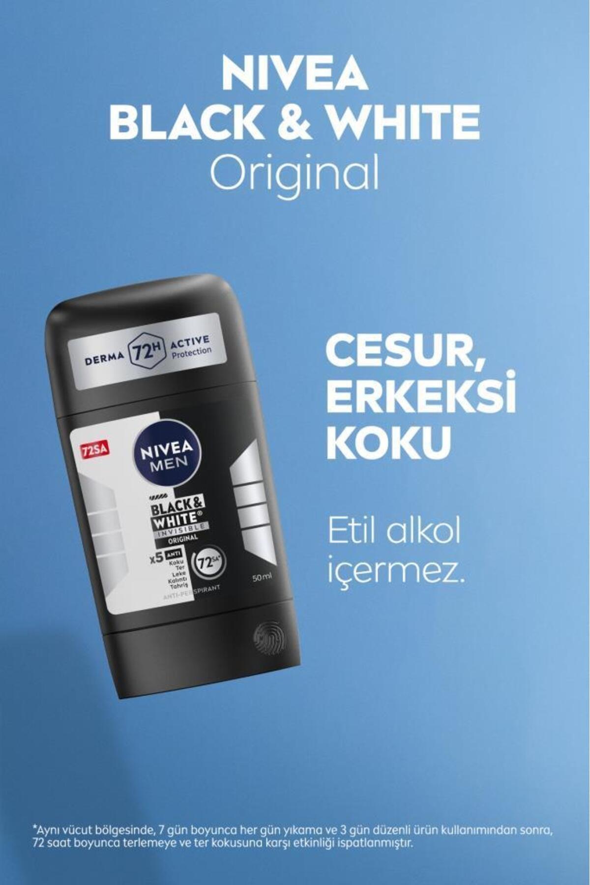 NIVEA MEN Erkek Stick Deodorant Black&white Invisible Original 150ml, 72 Saat Anti-perspirant Ter Koruması