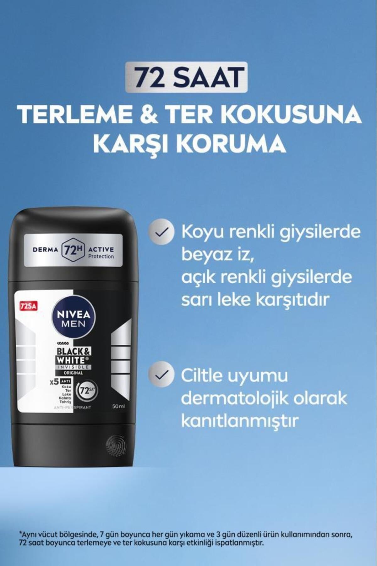 NIVEA MEN Erkek Stick Deodorant Black&white Invisible Original 150ml, 72 Saat Anti-perspirant Ter Koruması