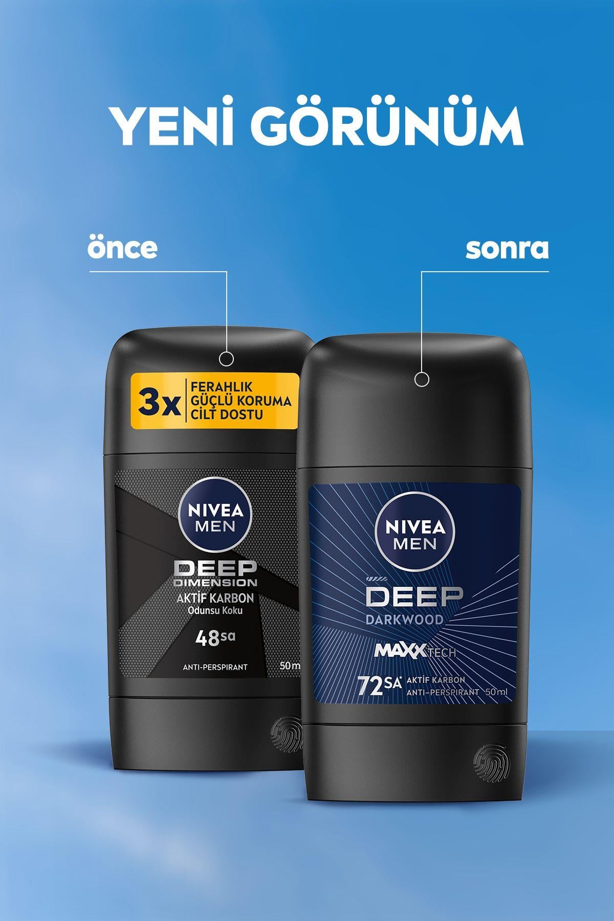 NIVEA MEN Erkek Stick Deodorant Deep Dimension Aktif Karbon 50ml, 72 Saat Anti-perspirant Koruma