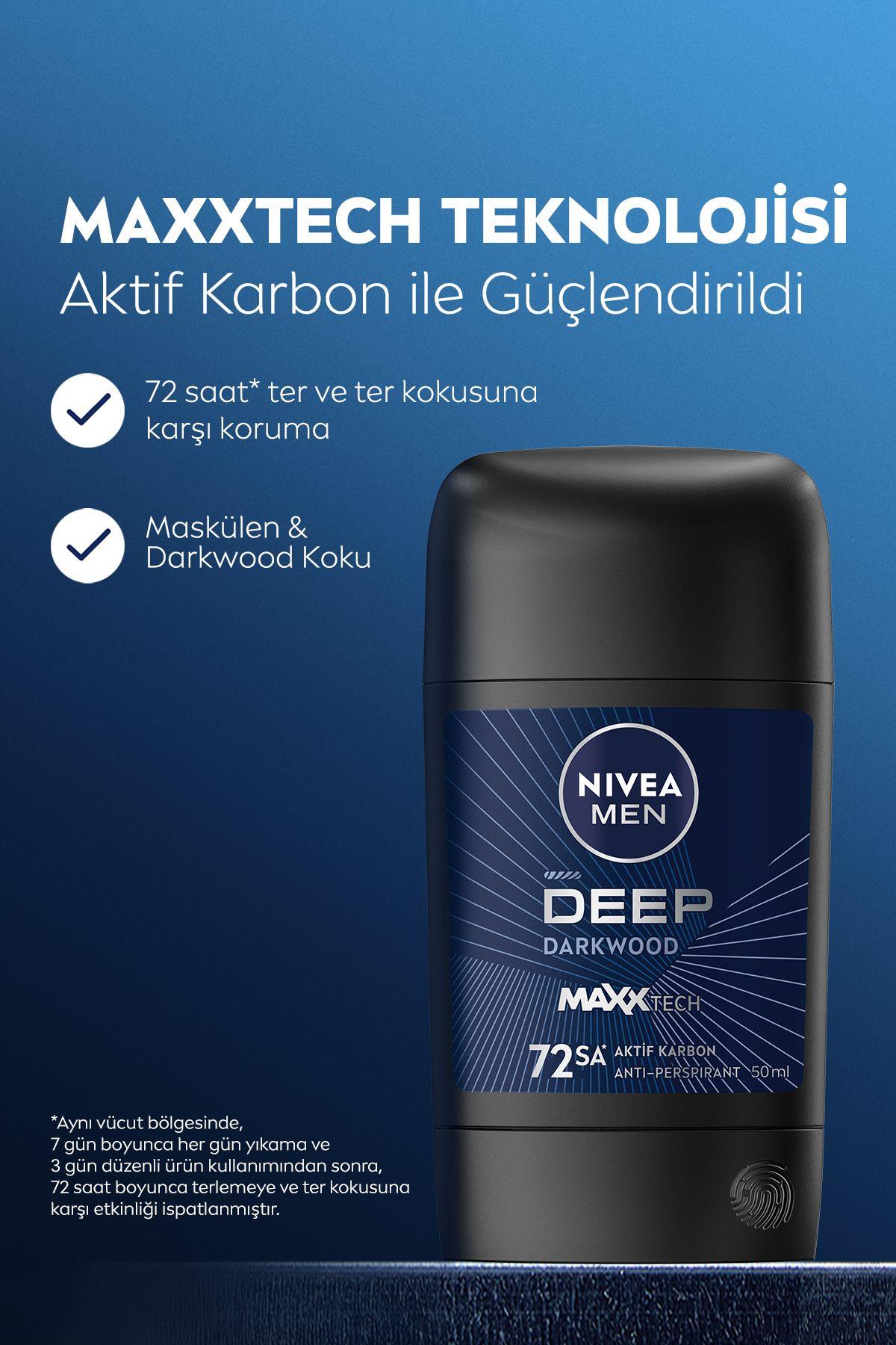 NIVEA MEN Erkek Stick Deodorant Deep Dimension Aktif Karbon 50ml, 72 Saat Anti-perspirant Koruma