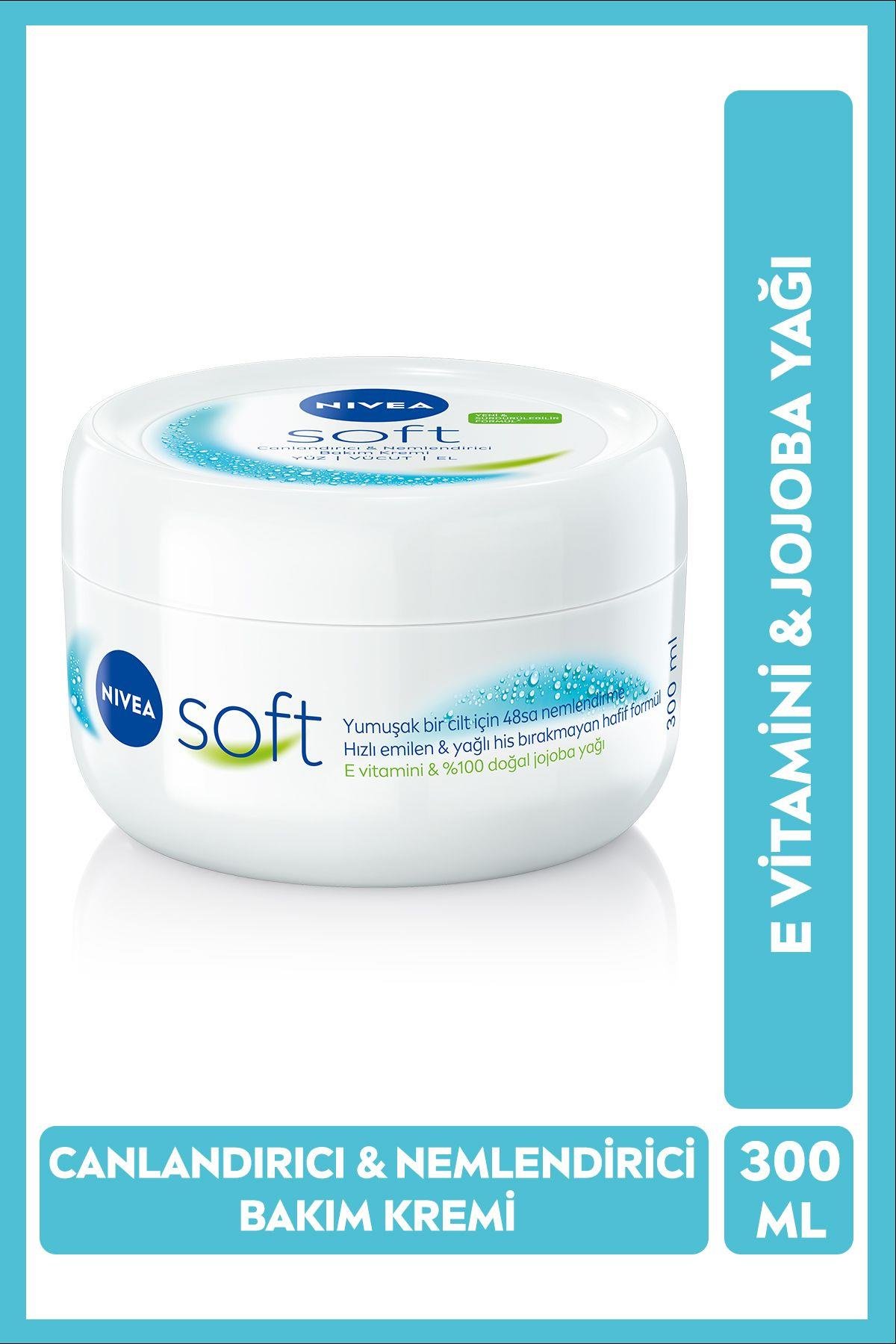 NIVEA Soft Nemlendirici Bakım Kremi 300ml, Jojoba Yağı, E Vitamini, Hızlı Emilir, El Yüz Vücut İçin