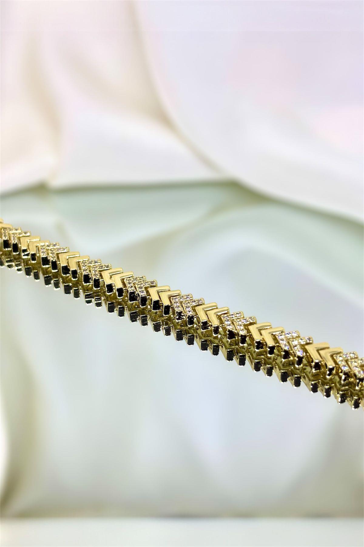 Altın Kaplama Balıksırtı Zirkon Taşlı Çelik Bileklik