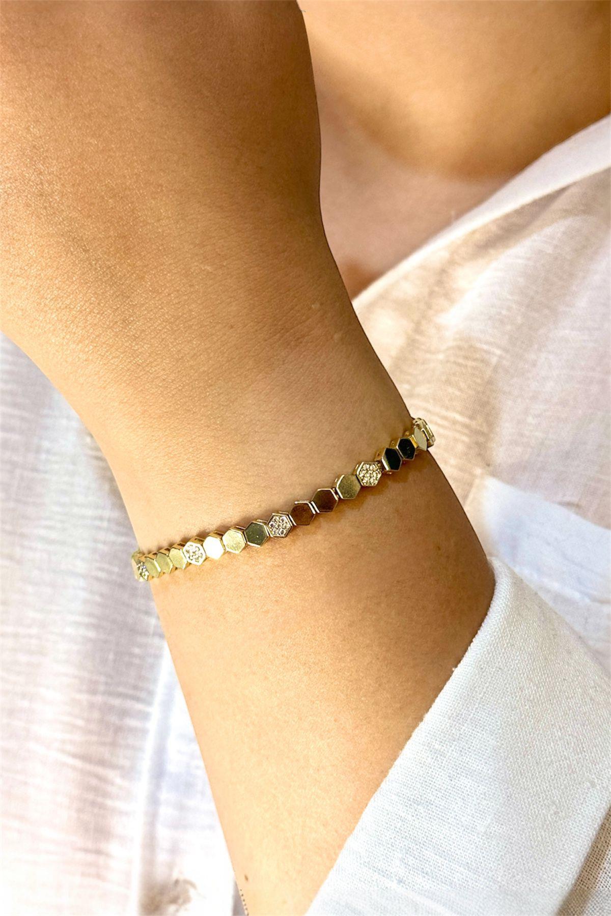 Altın Kaplama Petek Zirkon Taşlı Çelik Bileklik