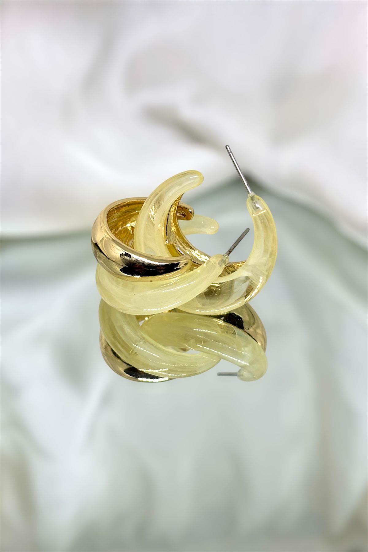 Gold Detaylı Krem Kemik Halka Küpe
