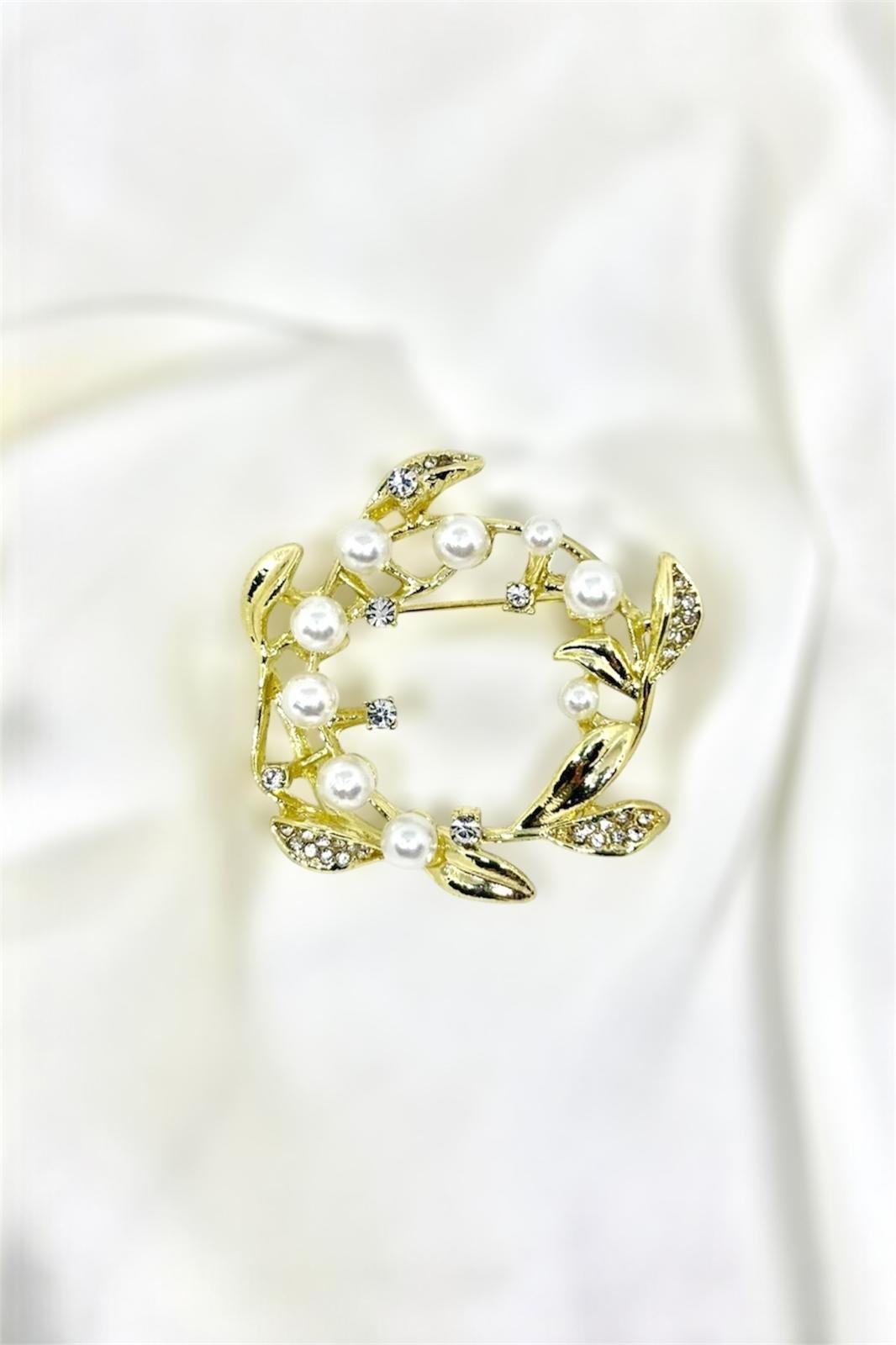 İnci Detaylı Çiçekli Çelenk Broş Yaka İğnesi