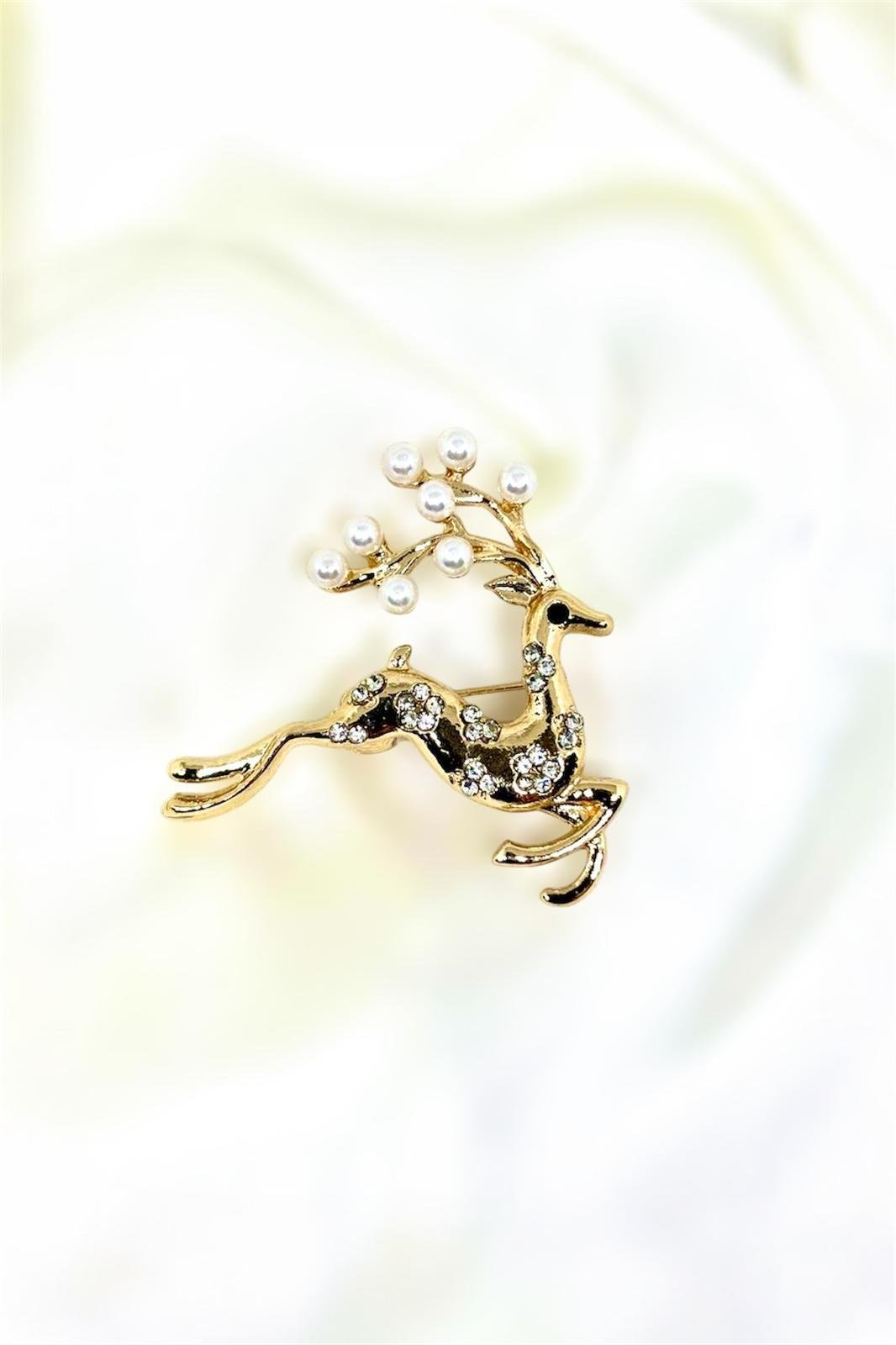 İnci ve Zİrkon Taş Detaylı Gold Geyik Broş Yaka İğnesi
