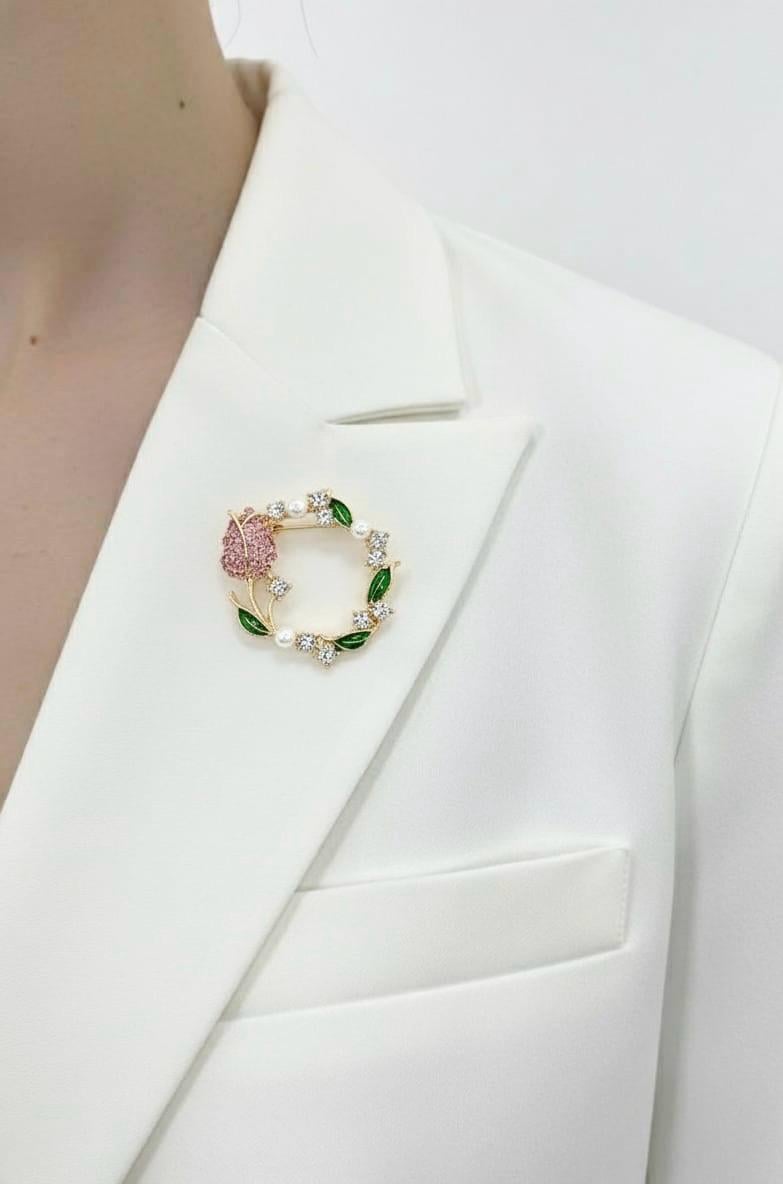 İnci Ve Zirkon Taşlı Gül Broş Yaka İğnesi