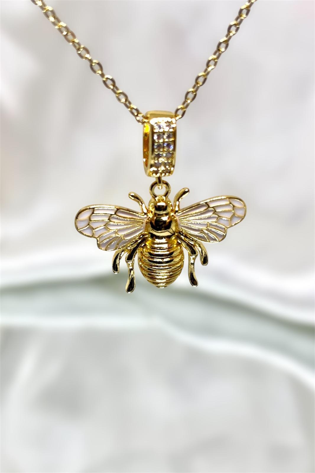Kanatları Beyaz Mineli Gold Arı Çelik Kolye