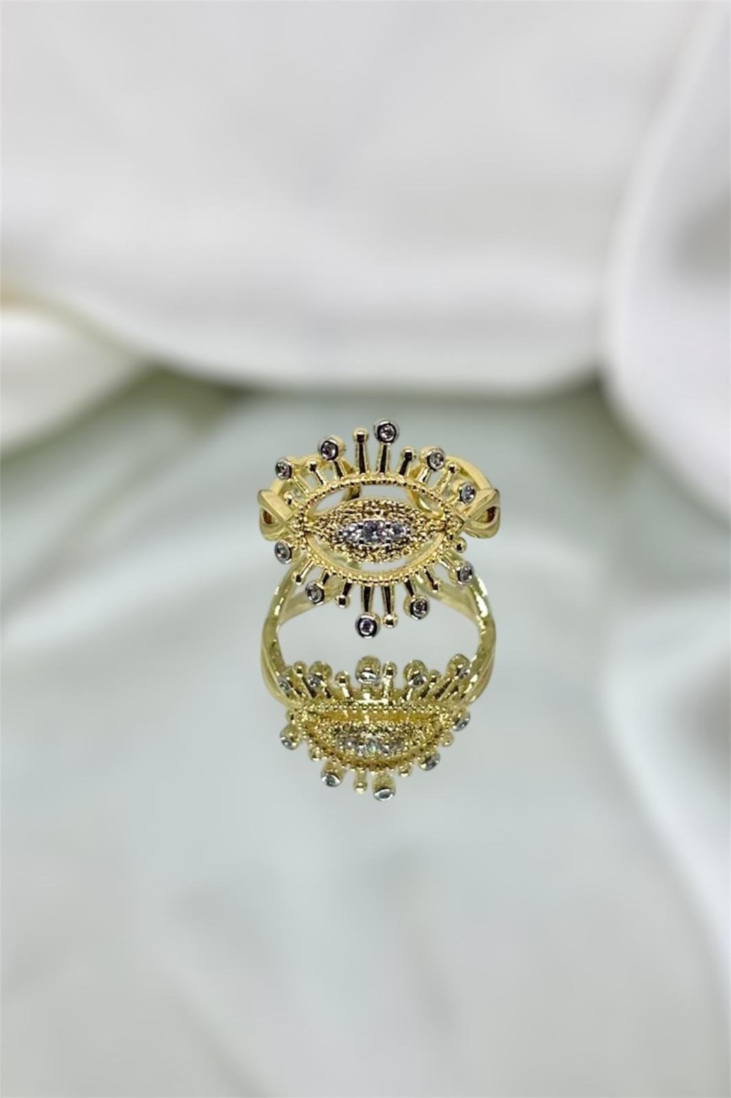 Kirpikli Zirkon Taşlı Ayarlanabilir Gold Göz Yüzük