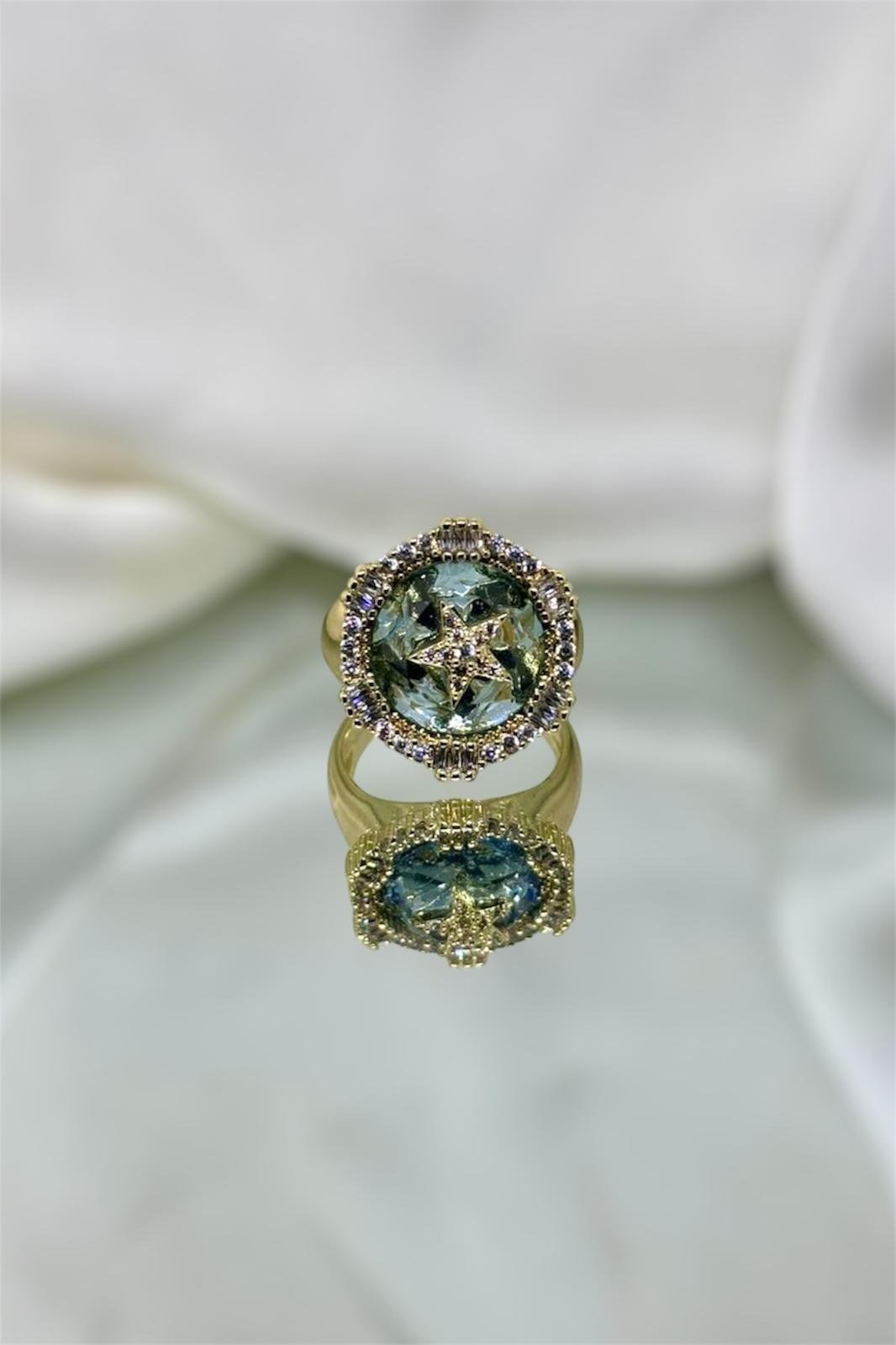 Mavi Ve Zirkon Taşlı Sırıus Yıldızı Ayarlanabilir Yuvarlak Gold Yüzük