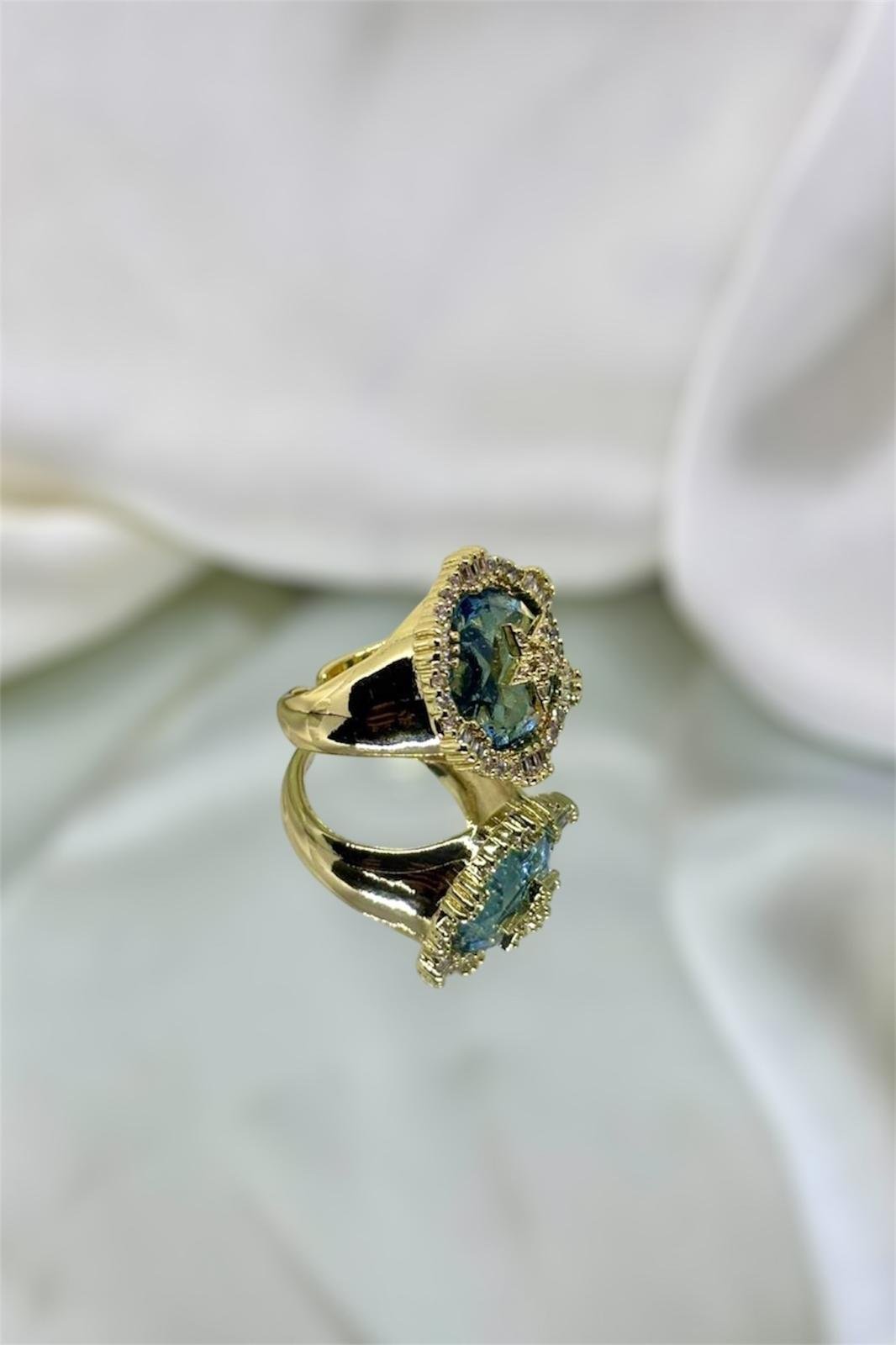 Mavi Ve Zirkon Taşlı Sırıus Yıldızı Ayarlanabilir Yuvarlak Gold Yüzük