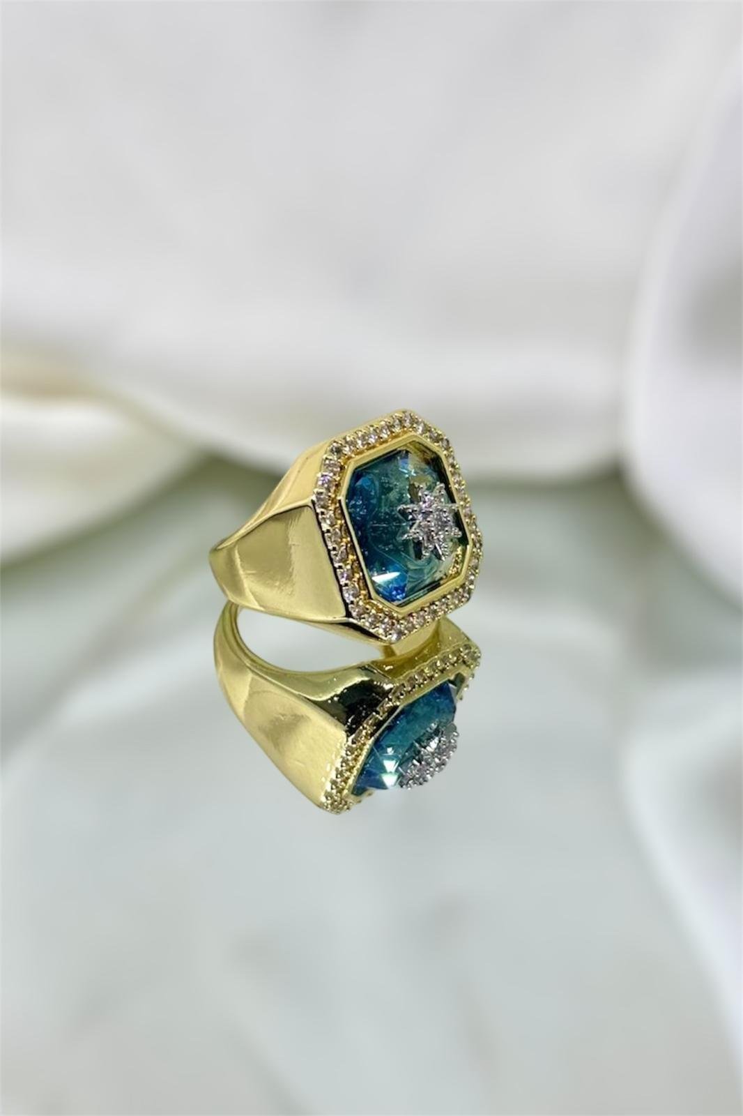 Mavi Ve Zirkon taşlı Yıldız Motifli Ayarlanabilir Kare Gold Yüzük