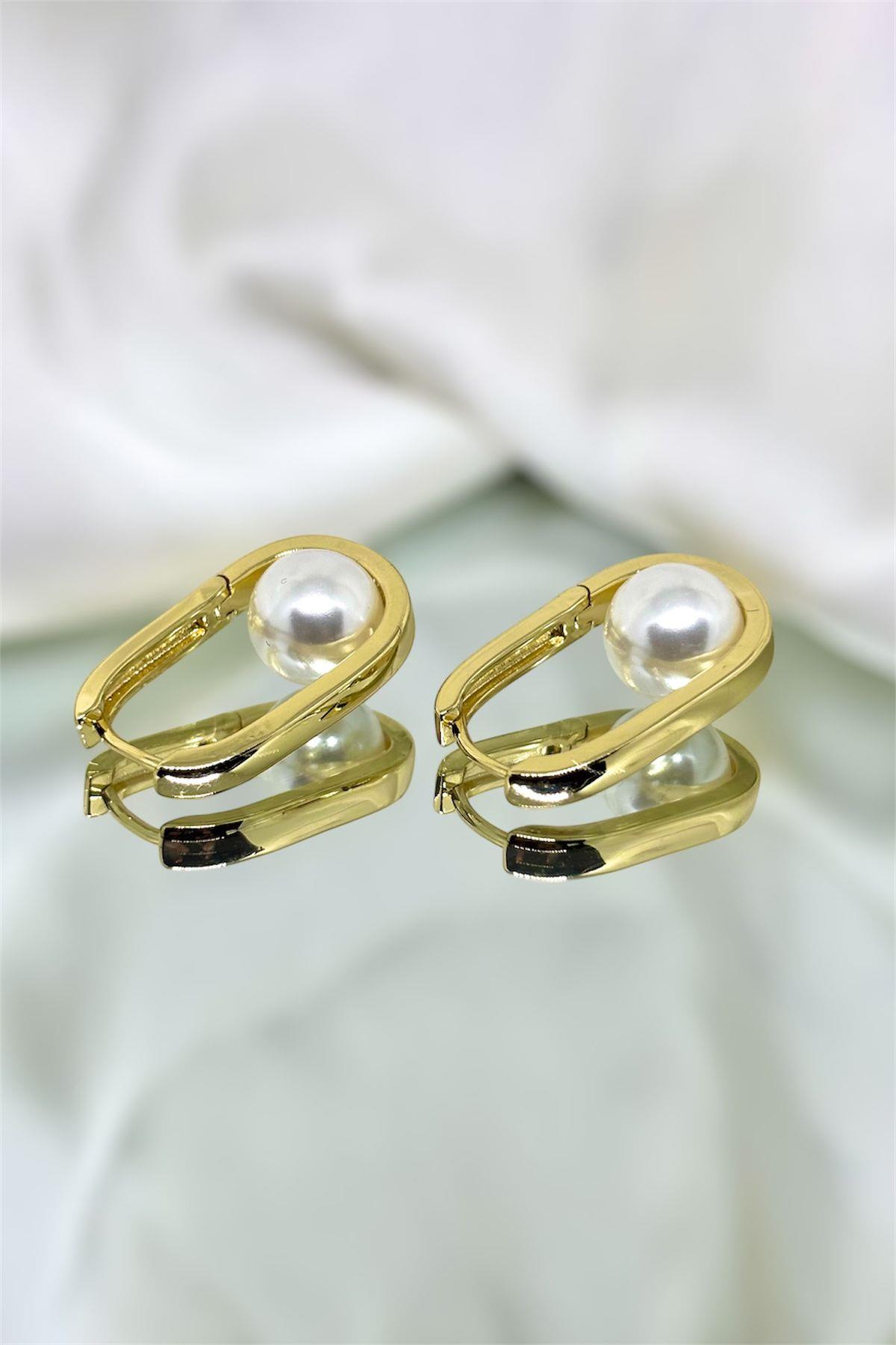 Ortası İncili Elips Gold Küpe