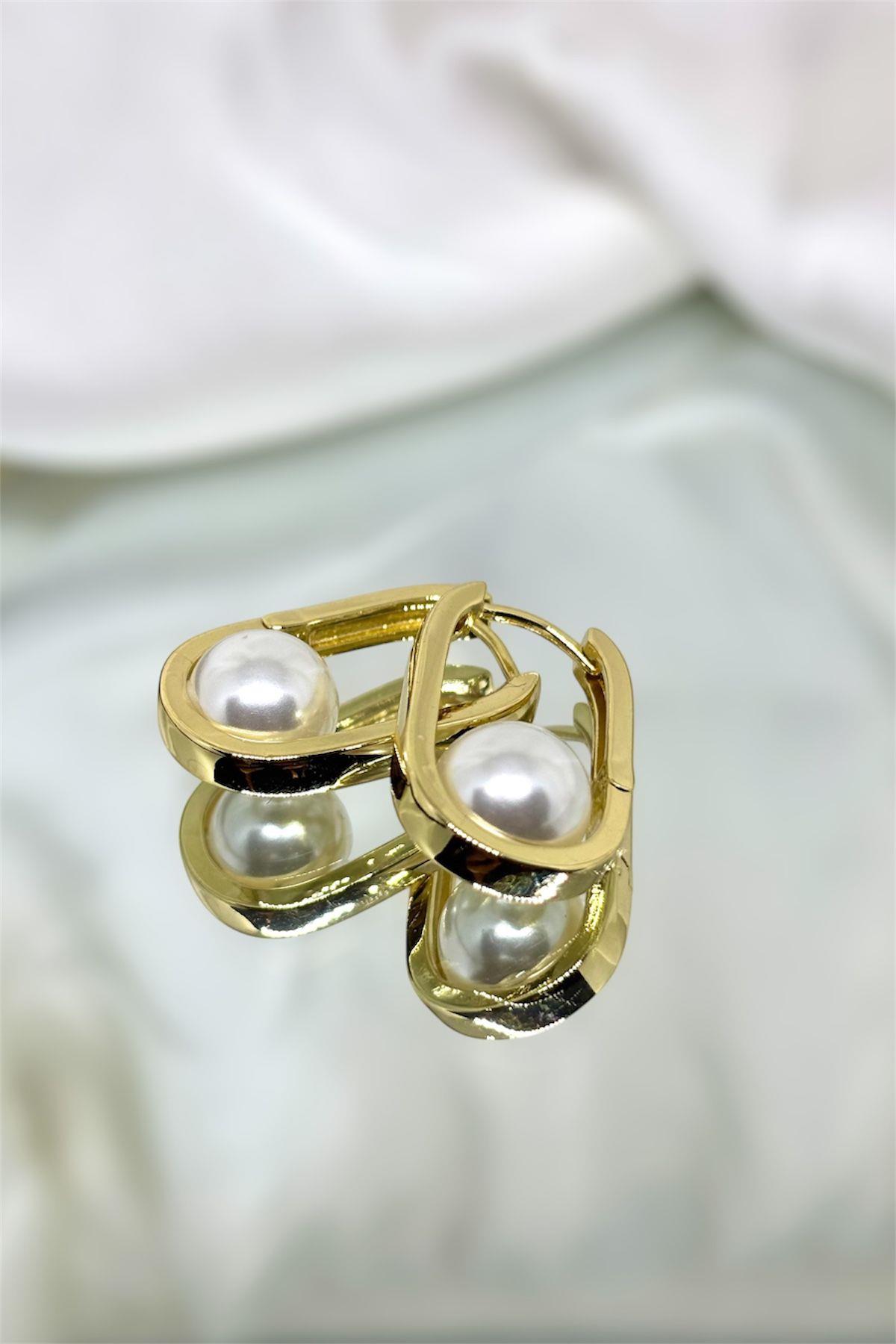Ortası İncili Elips Gold Küpe
