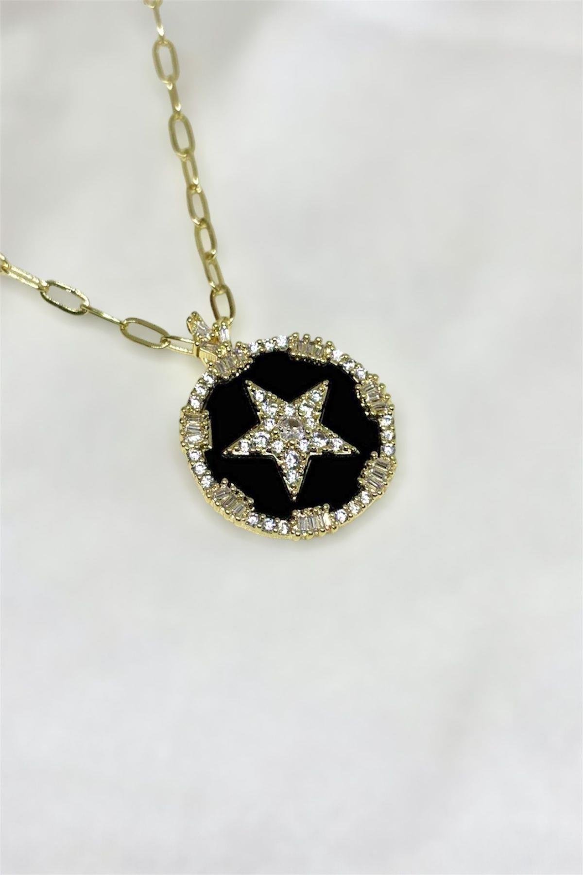 Siyah Mineli Zirkon Taşlı Sırıus Yıldızı Madalyon Kolye