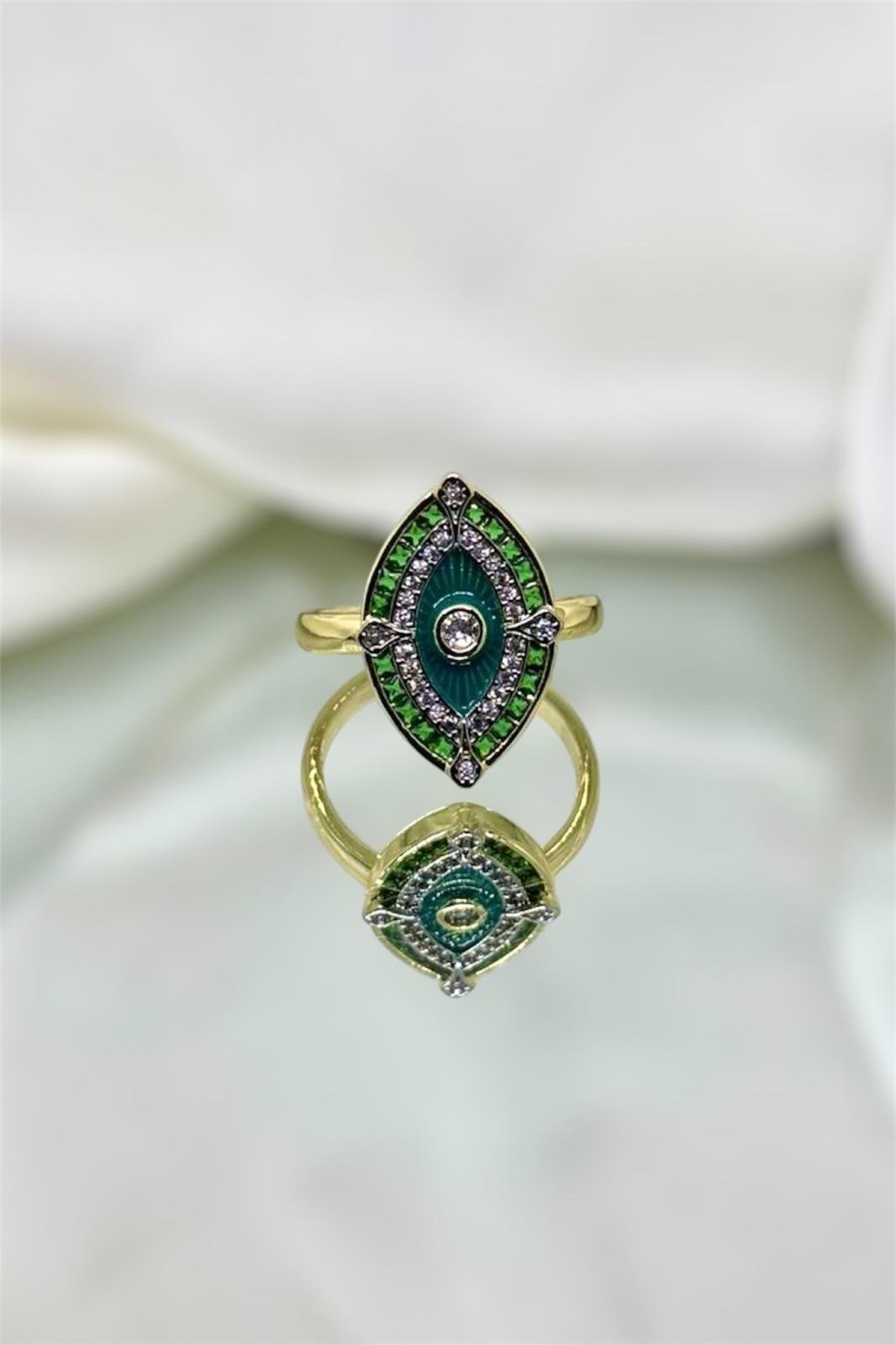 Yeşil Mineli Ve Zirkon Taşlı Ayarlanabilir Göz Yüzük