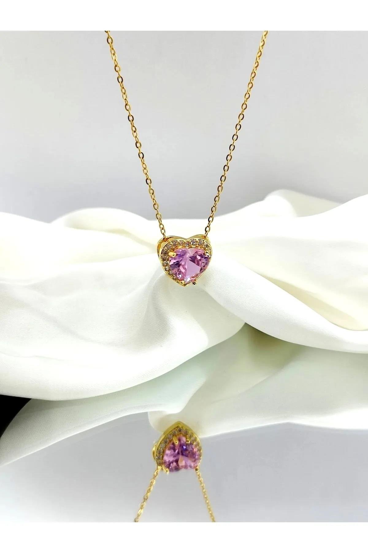 Zirkon Taşlı Çelik Pembe Kalp Kolye 316L
