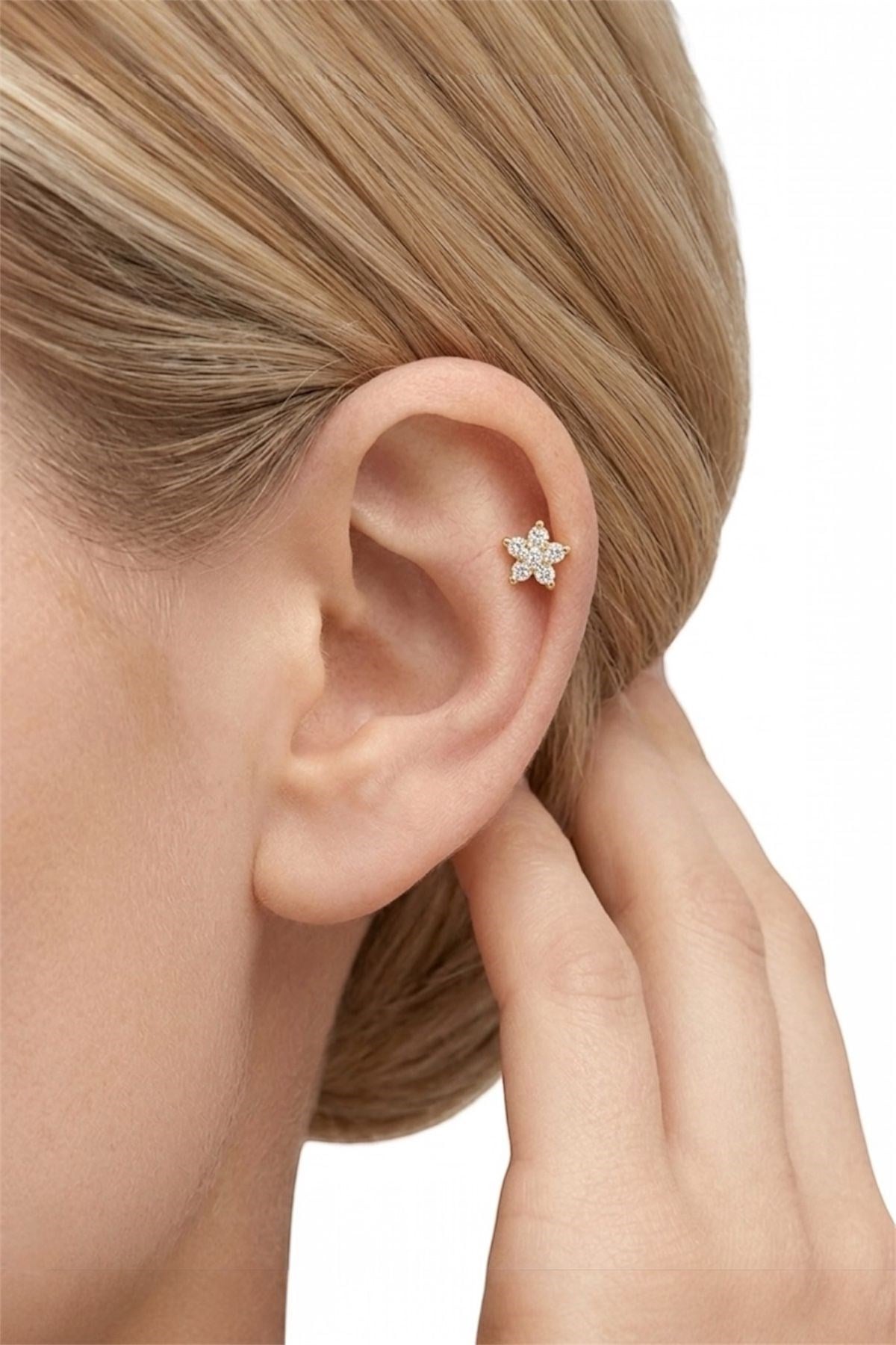 Zirkon Taşlı Gold Çiçek Model Çelik Piercing