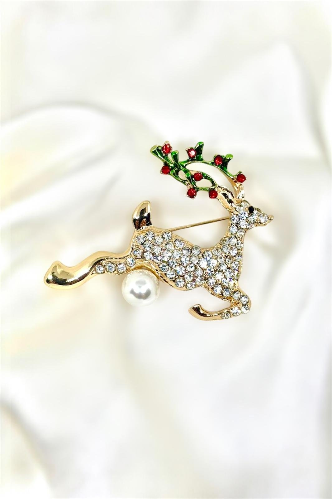Zirkon Taşlı İnci Detaylı Yılbaşı Konsepti Geyik Broş Yaka İğnesi