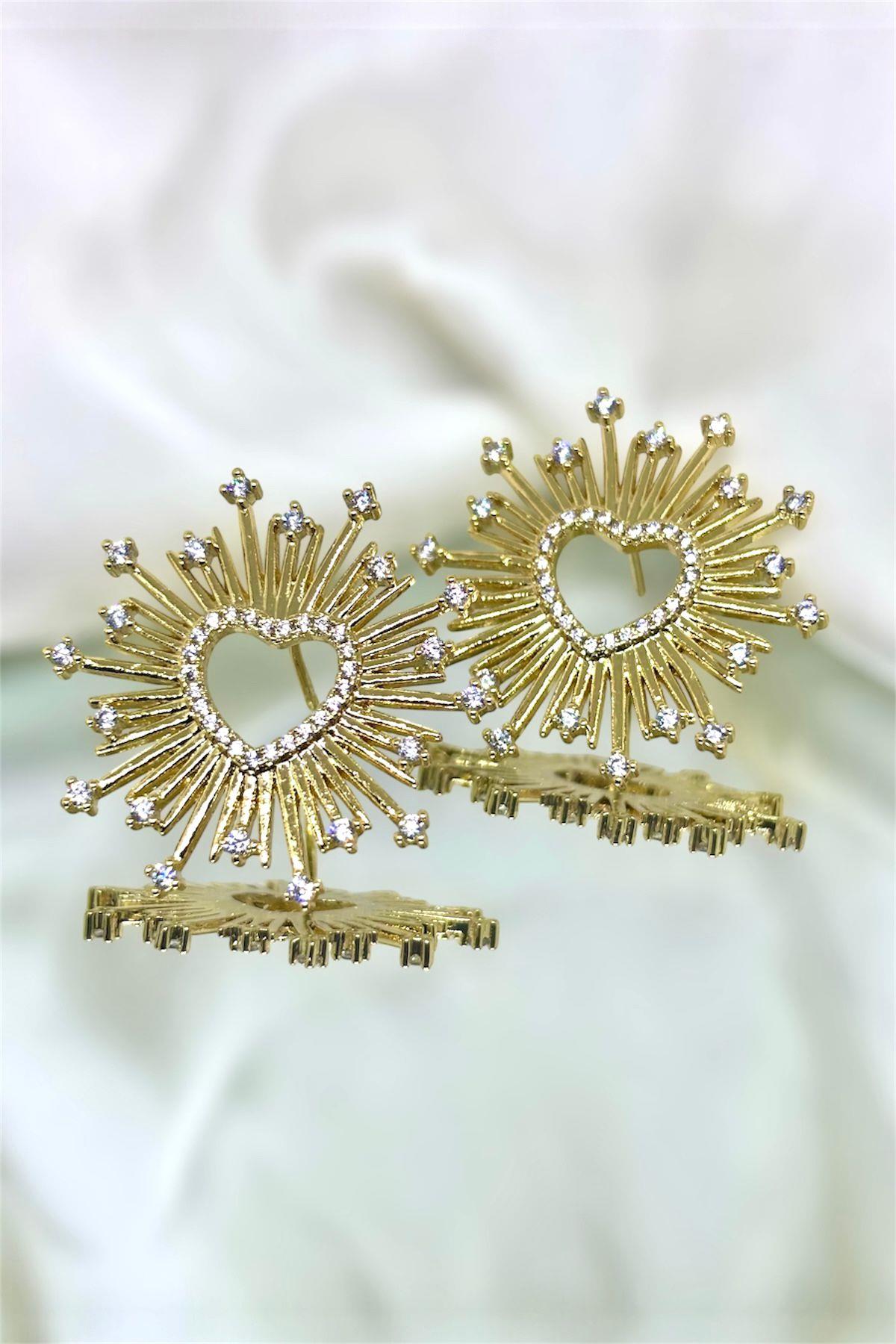 Zirkon Taşlı Kalp Detaylı Gold Küpe