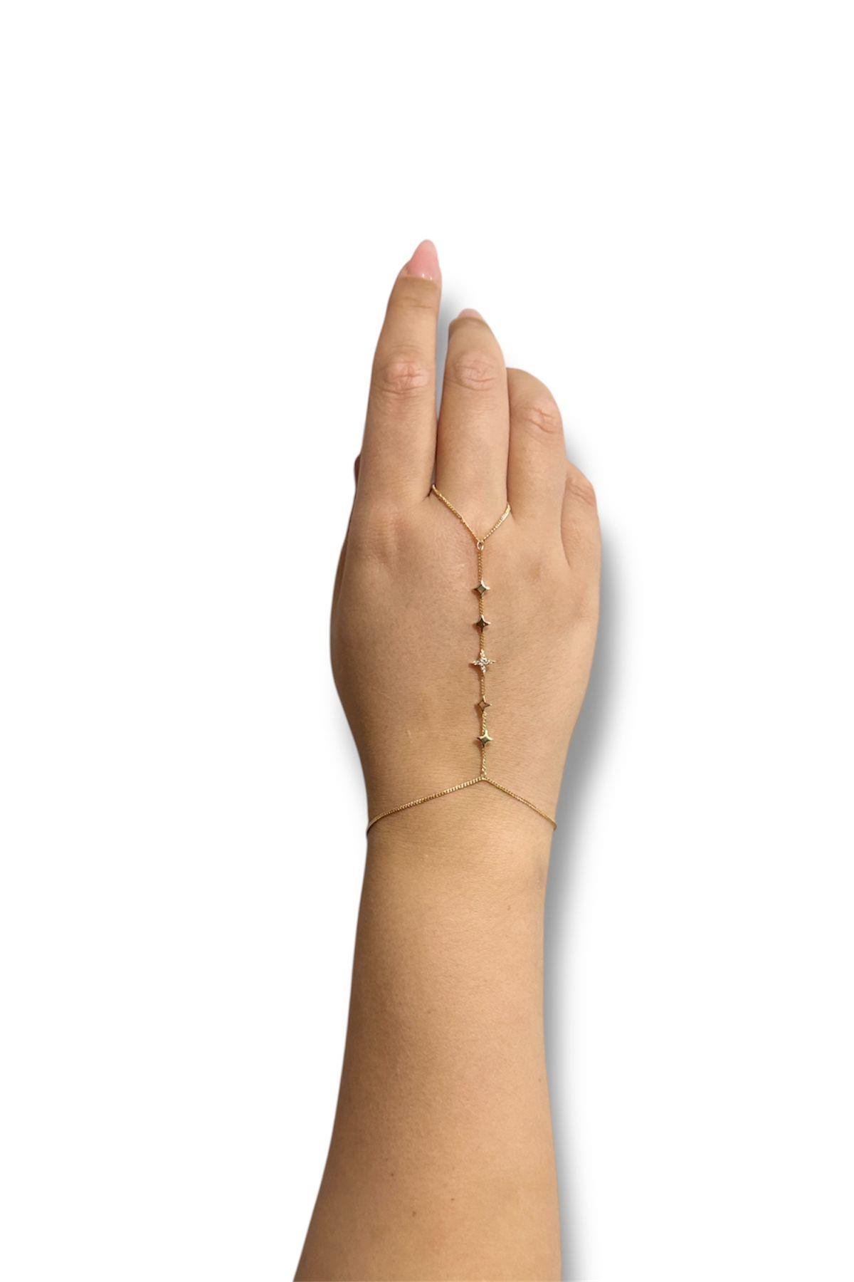 Zirkon Taşlı Yıldız Detaylı Gold Şahmeran