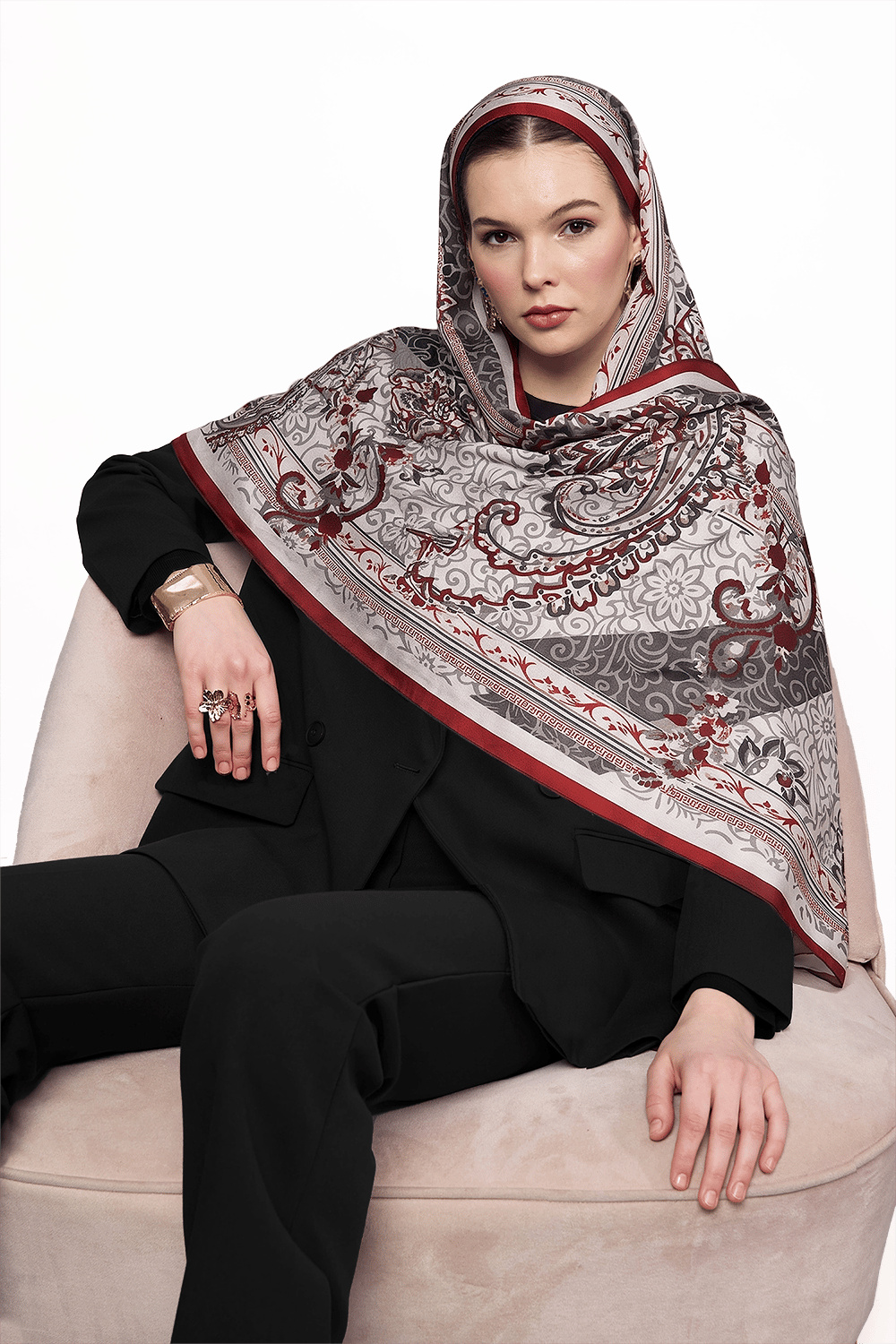 SHINA Parlak Bloomark Desenli Baskılı Şal – Açık Bordo-Gri-Taş
