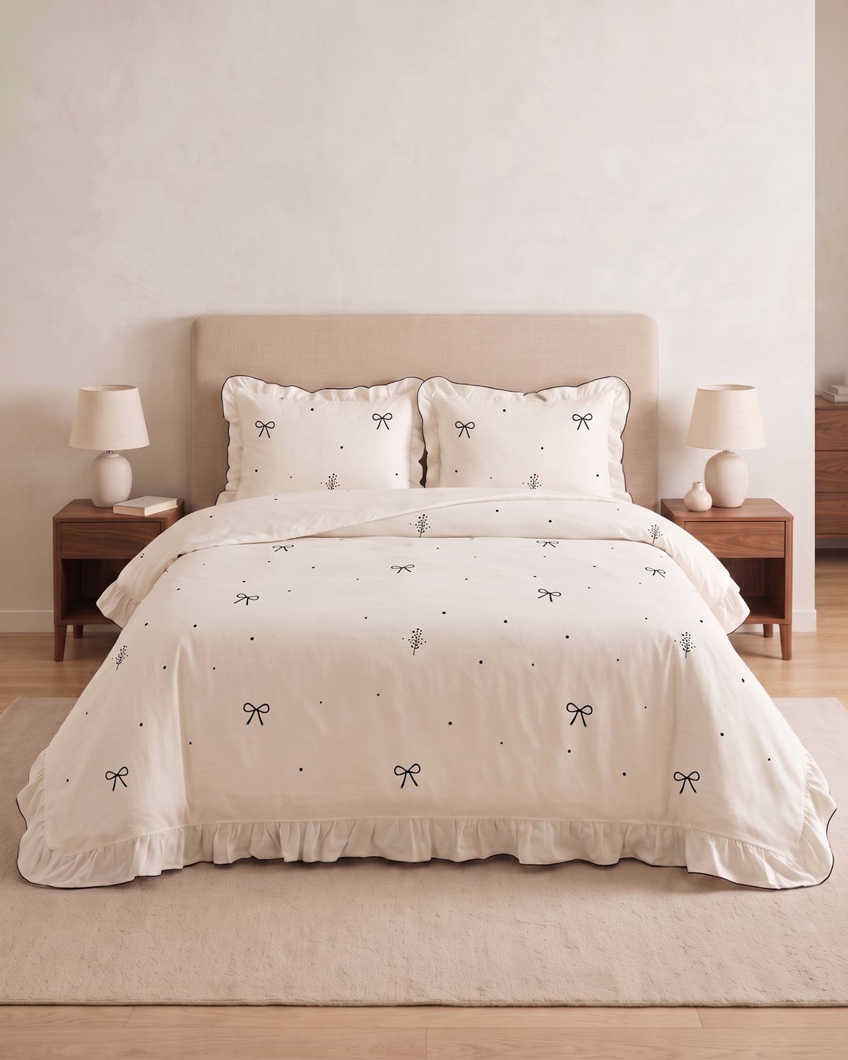 Fiora Premium Fırfırlı&Fiyonklu Çift Kişilik Nevresim Seti / %100 Pamuklu