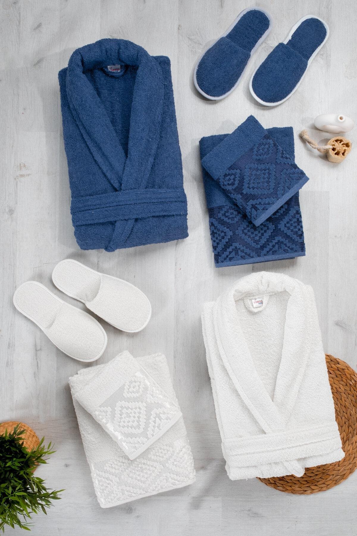 Jakar Desen Pamuklu 10 Parça Bornoz Seti Mavi/Beyaz