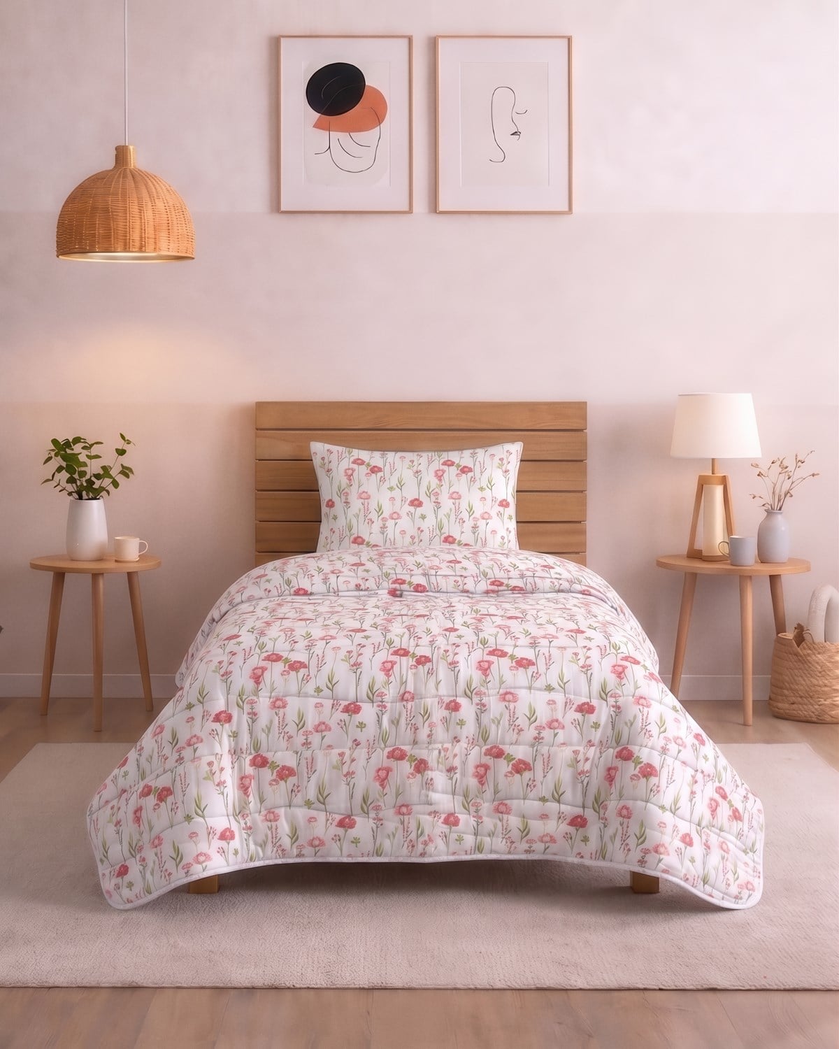 Tek Kişilik Pamuklu Kapitone Çok Amaçlı Pike & Yatak Örtüsü / Flora Pembe
