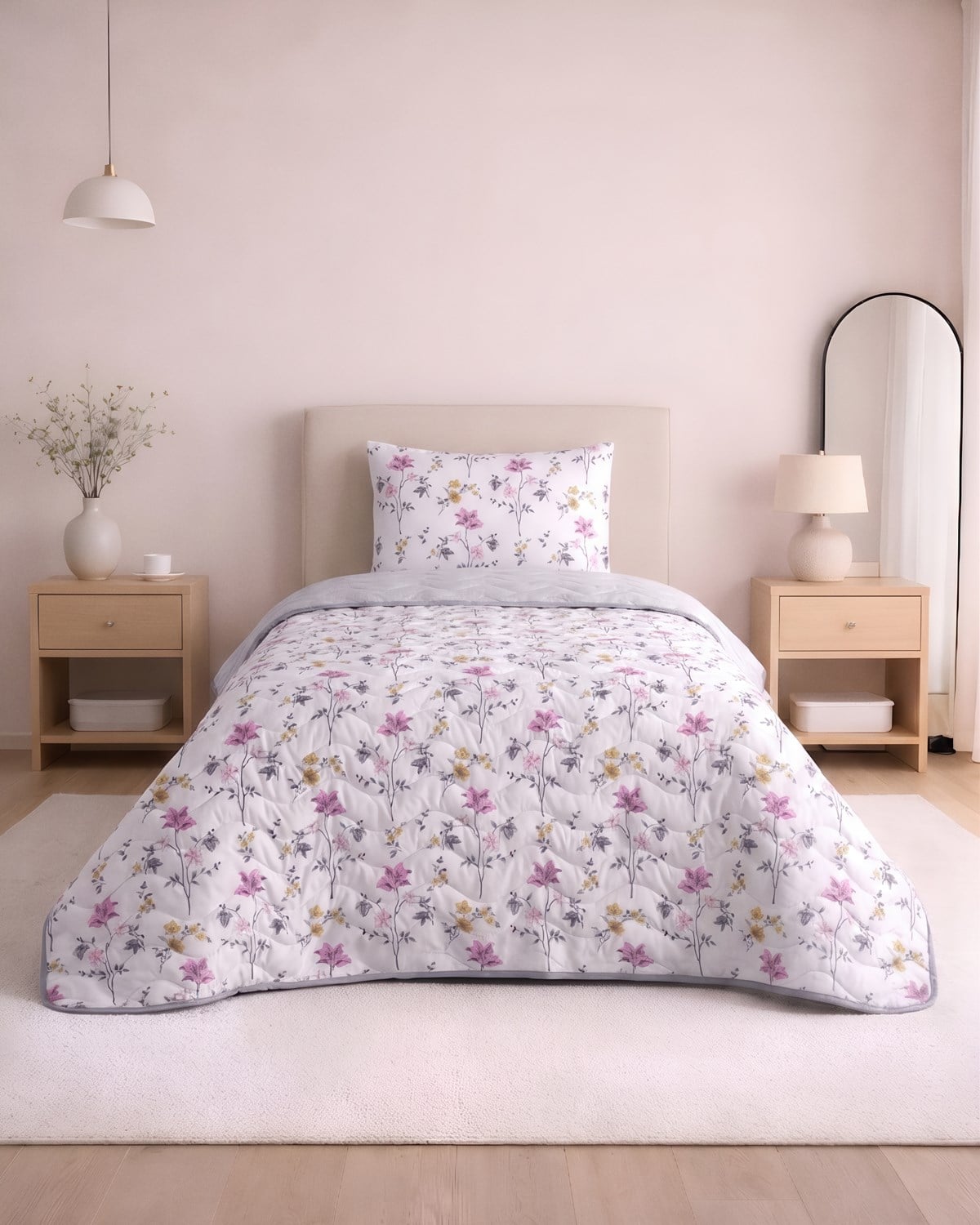 Tek Kişilik Pamuklu Kapitone Çok Amaçlı Pike & Yatak Örtüsü / Pembe Zambak