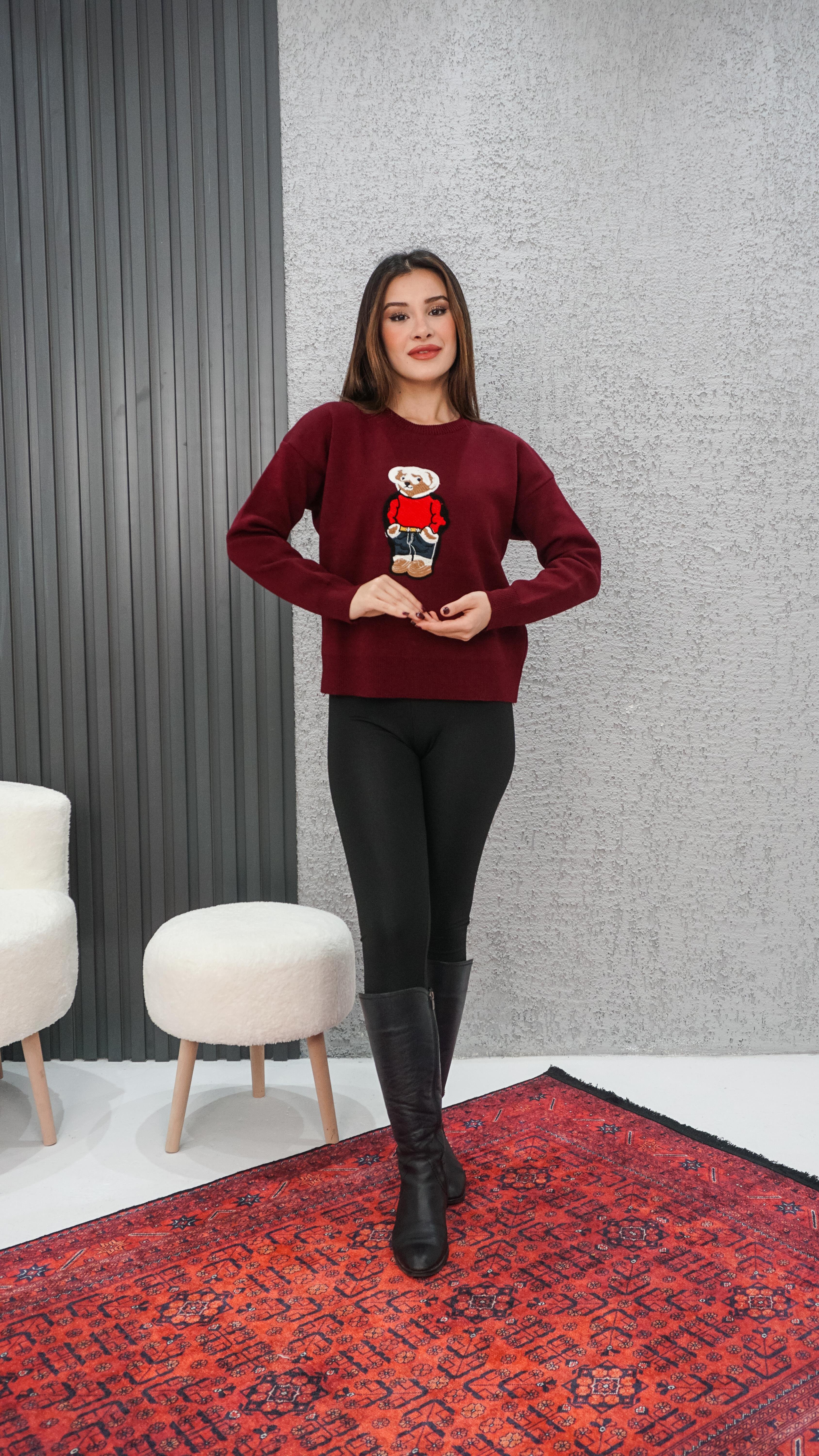 Ayıcıklı Kazak Beyaz Bordo