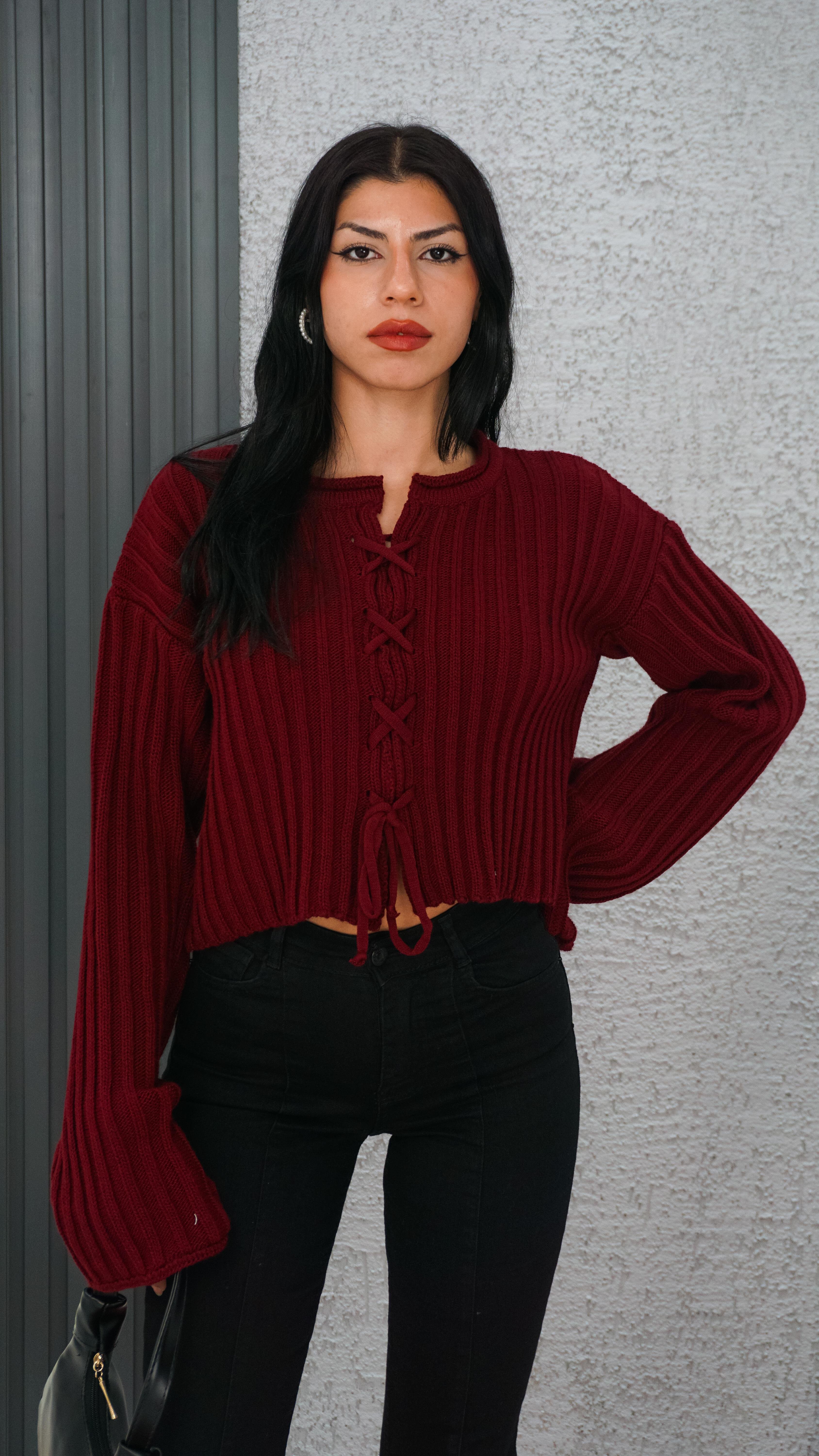 Çapraz İpli Crop Kazak Bordo