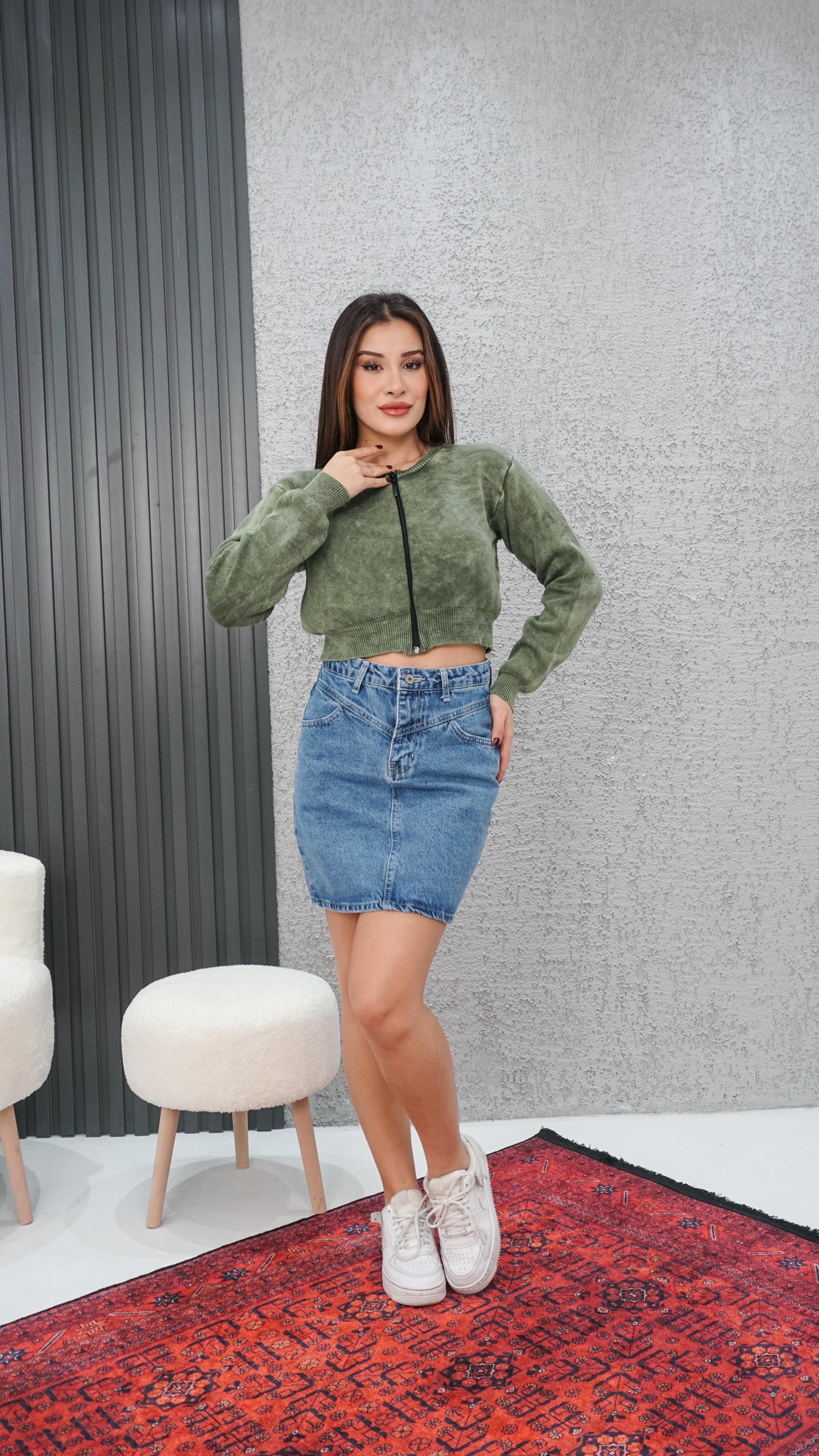 Fermuarlı Triko Crop Hırka