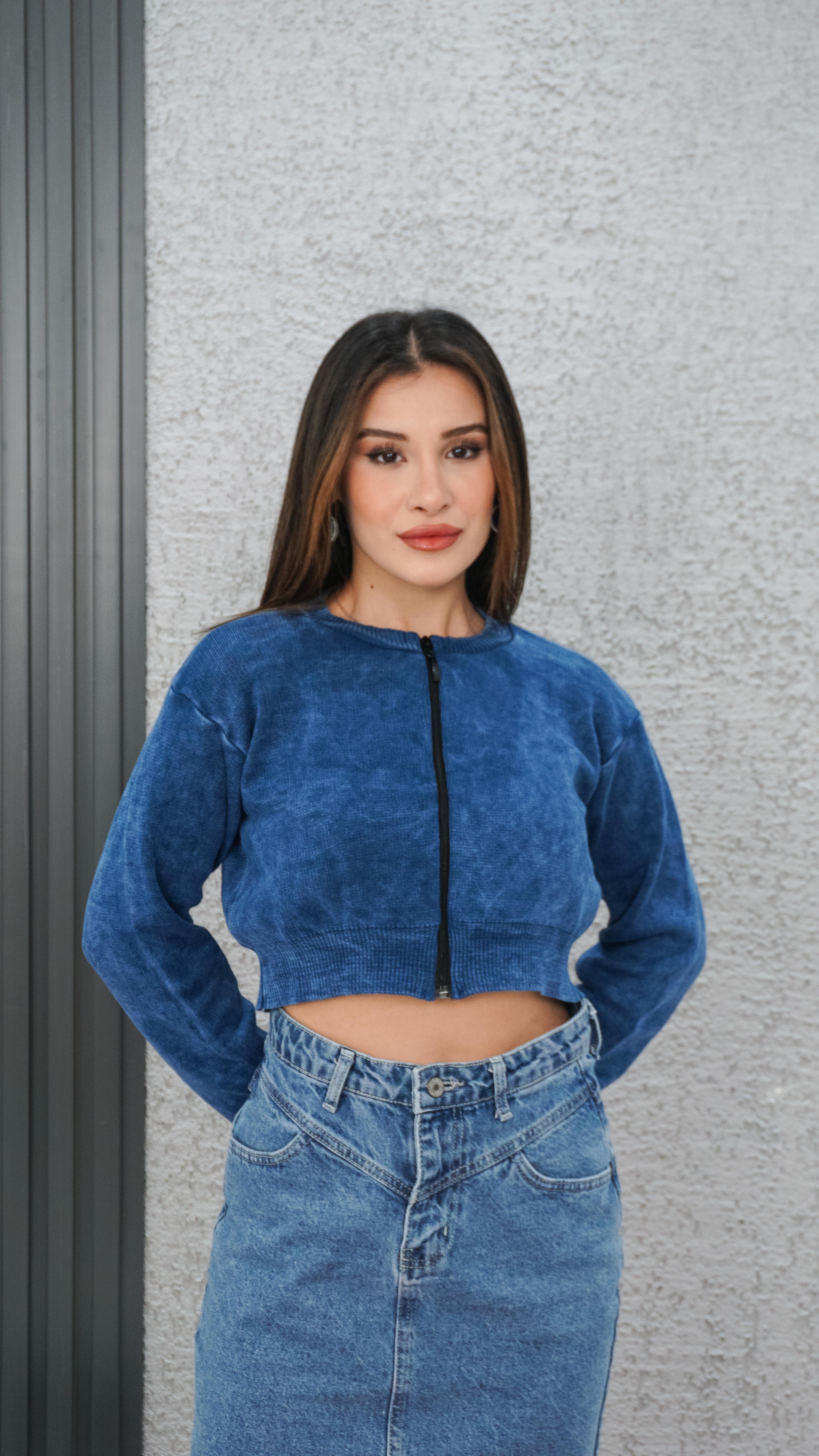 Fermuarlı Triko Crop Hırka Mavi