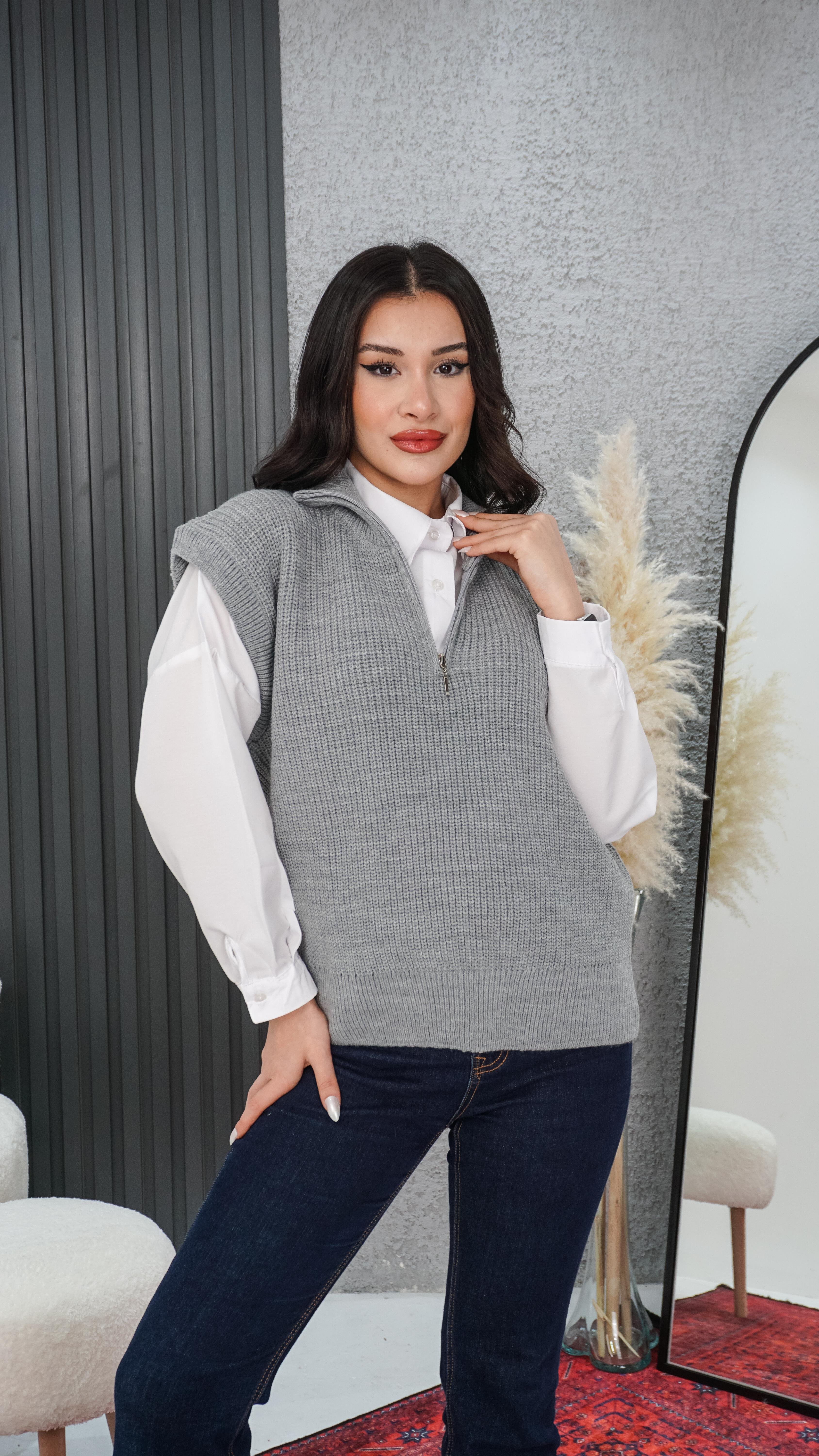 Kadın Gri Dik Yaka Yarım Fermuar Triko Süveter