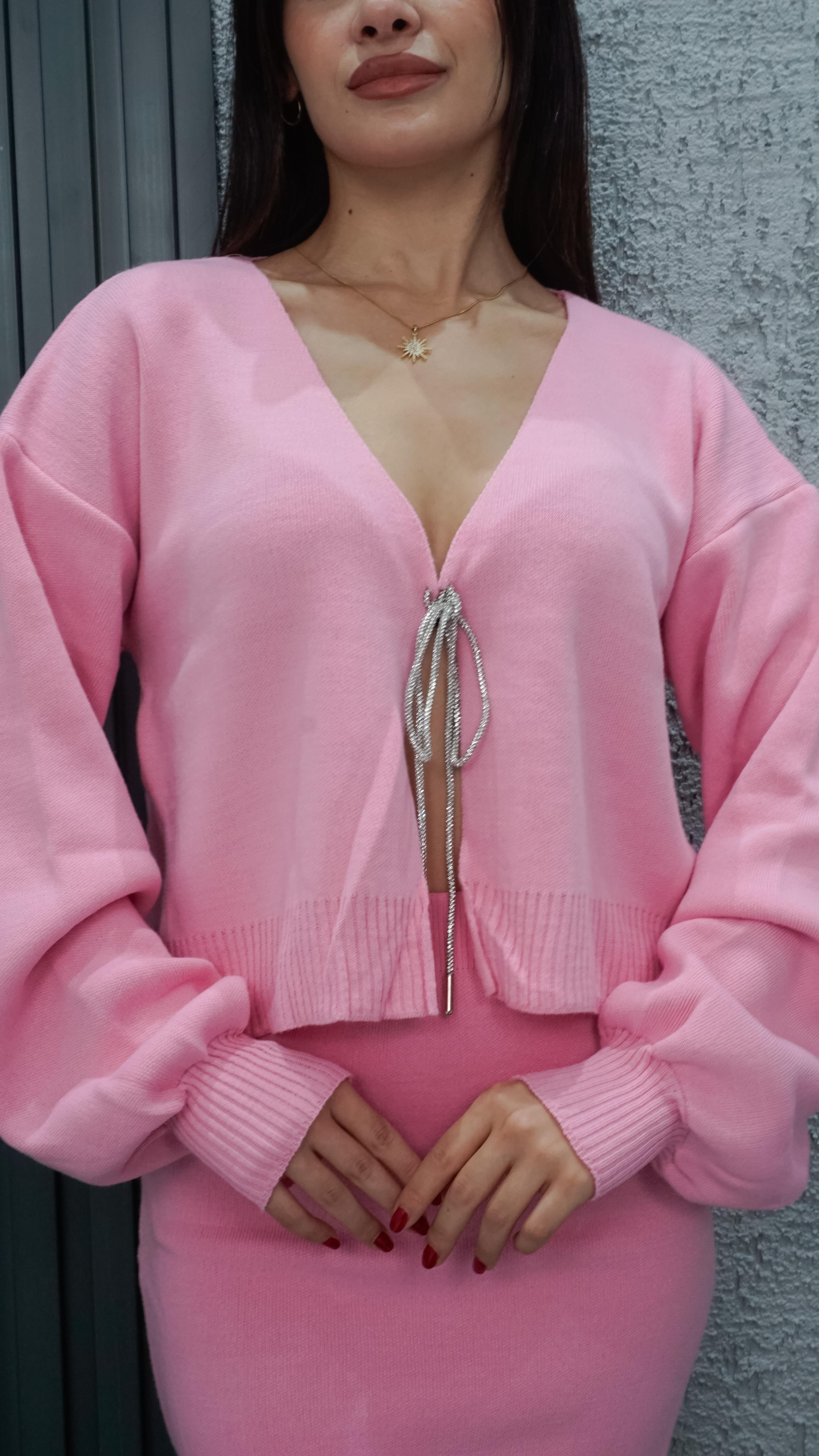 Önden Bağlamalı Hırka Takım Pembe