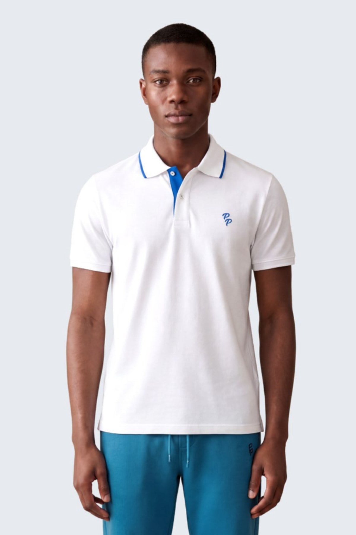 Erkek Eva Nakış Detaylı Ayaksız Triko Yaka Slim Fit Kıvrılmaz Yaka Polo T-Shirt